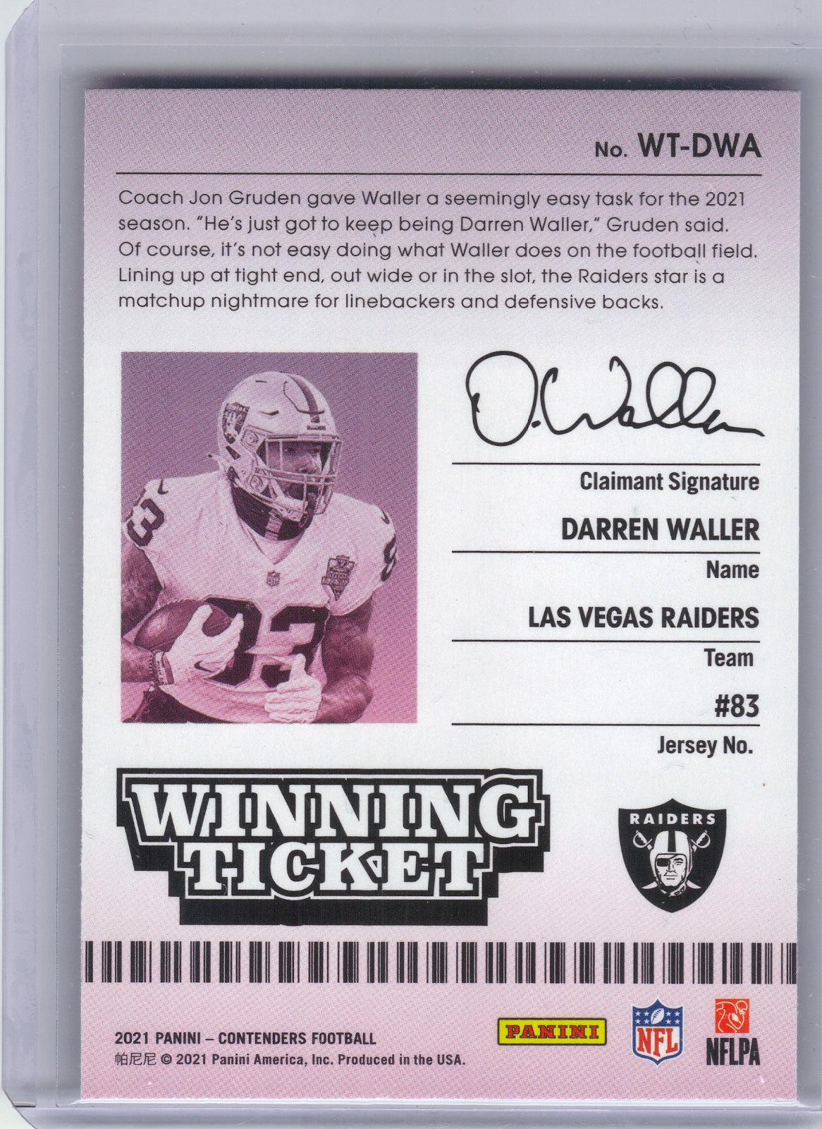 Darren Waller Las Vegas Raiders 2021 Panini Contenders - Winning Ticket #WT-DWA (Back)