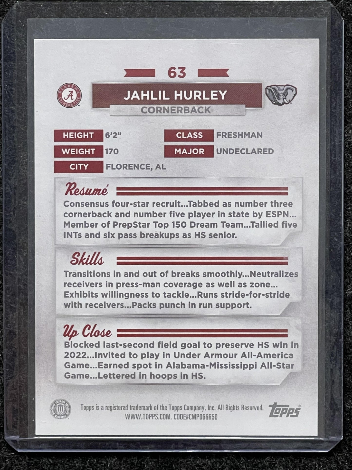 2023 Bowman University Alabama Crimson Tide #63 Jahlil Hurley Rainbow Foil