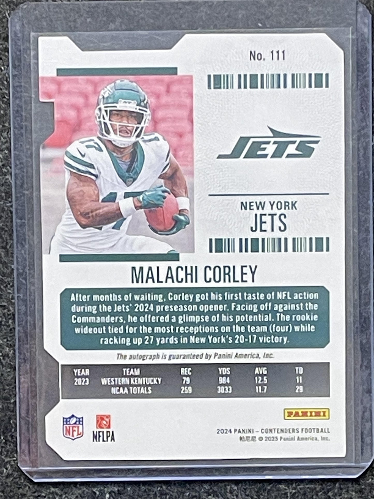 2024 Panini Contenders #111 Malachi Corley Ticket Stub #/17 New York Jets