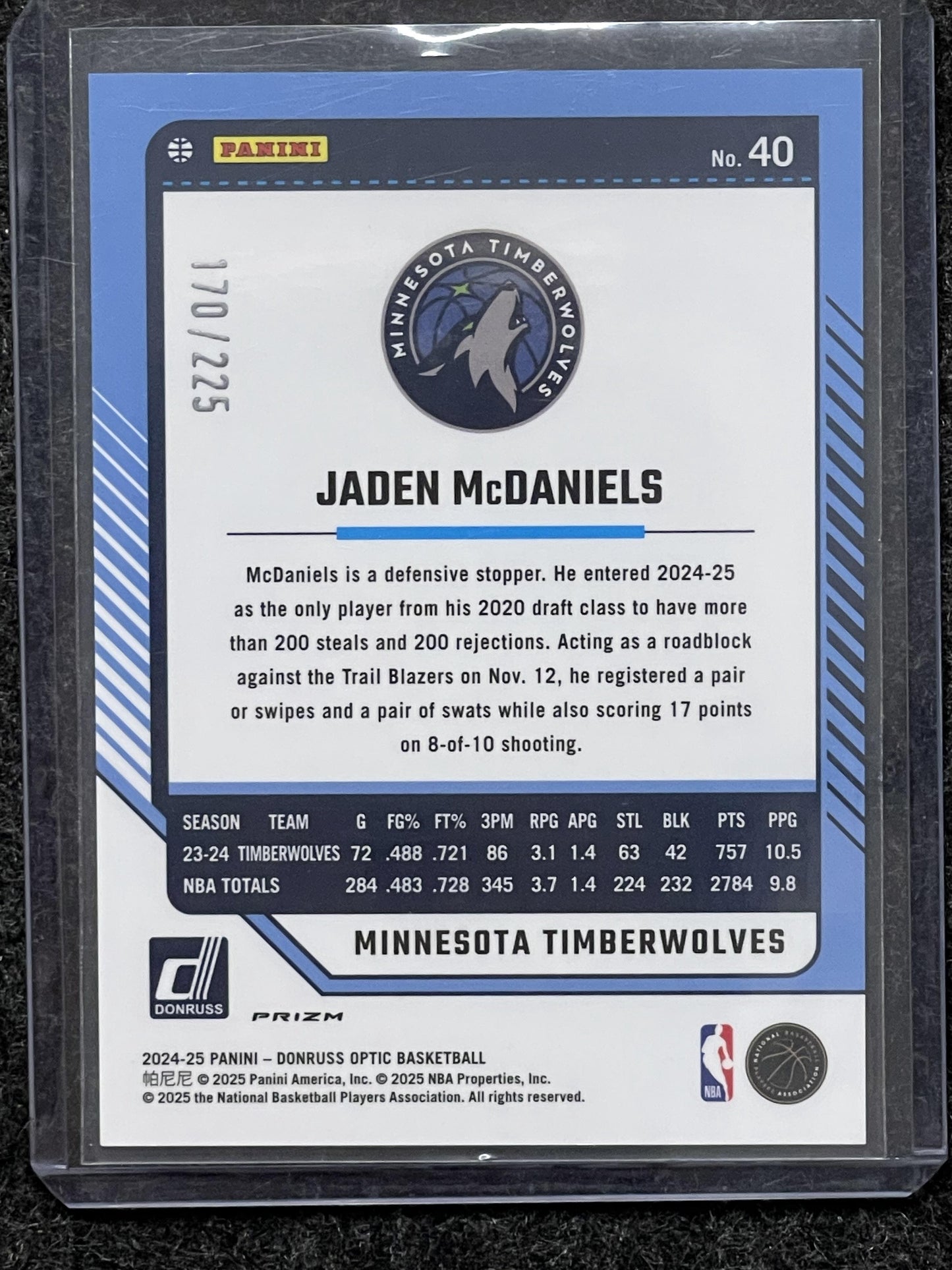 2024-25 Donruss Optic #40 Jaden McDaniels Aqua #/225 Minnesota Timberwolves SN