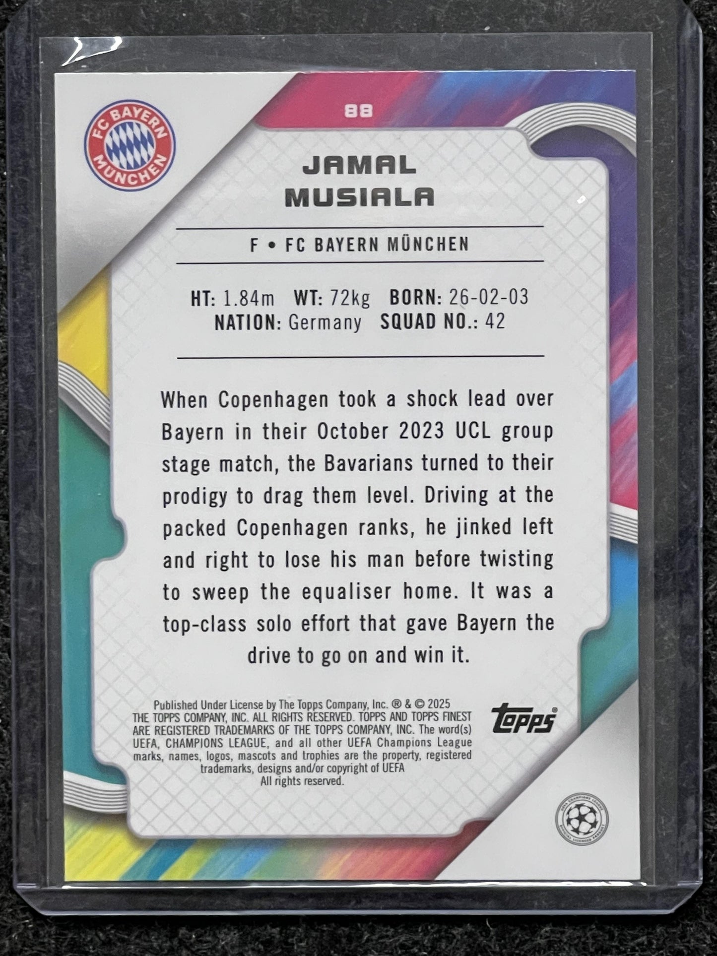 2024-25 Finest UCC #88 Jamal Musiala Pink Raywave Refractor FC Bayern Munchen