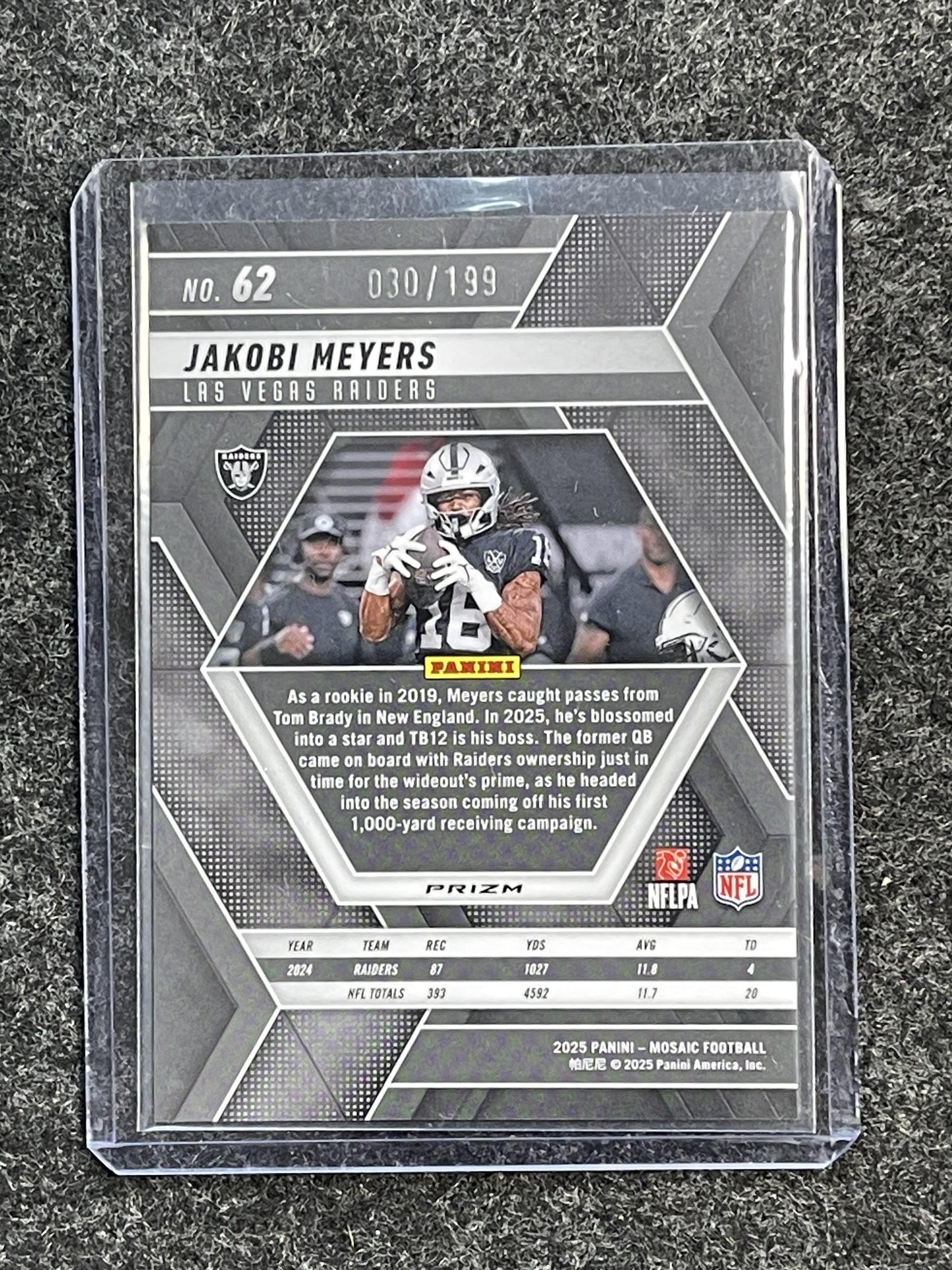 2025 Panini Mosaic #62 Jakobi Meyers Mosaic Orange #/199 Las Vegas Raiders SN
