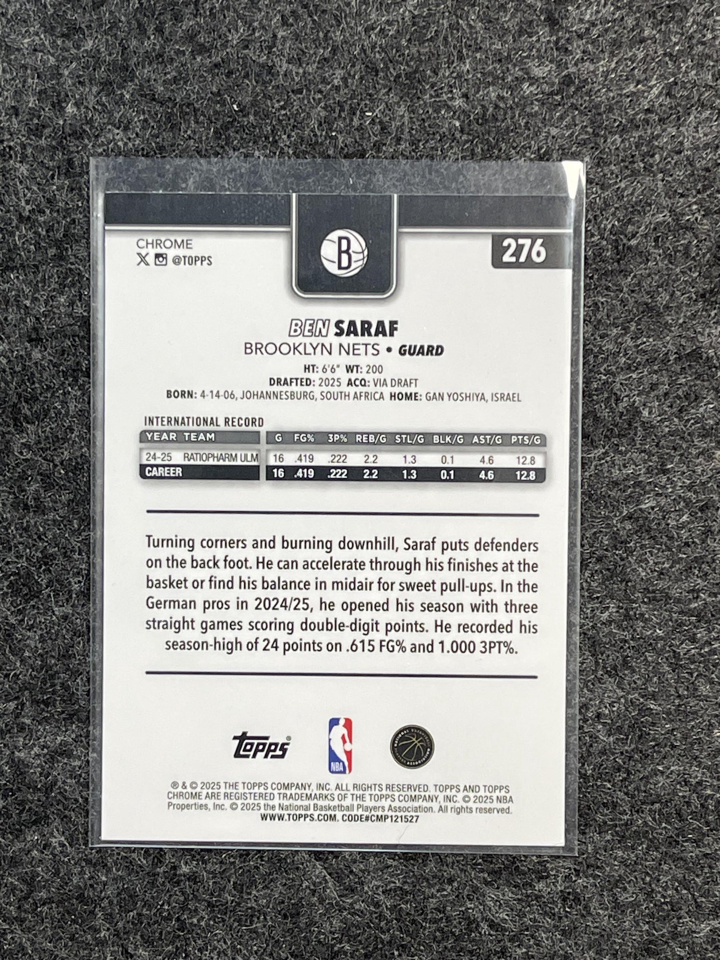 2025-26 Topps Chrome #276 Ben Saraf Brooklyn Nets RC