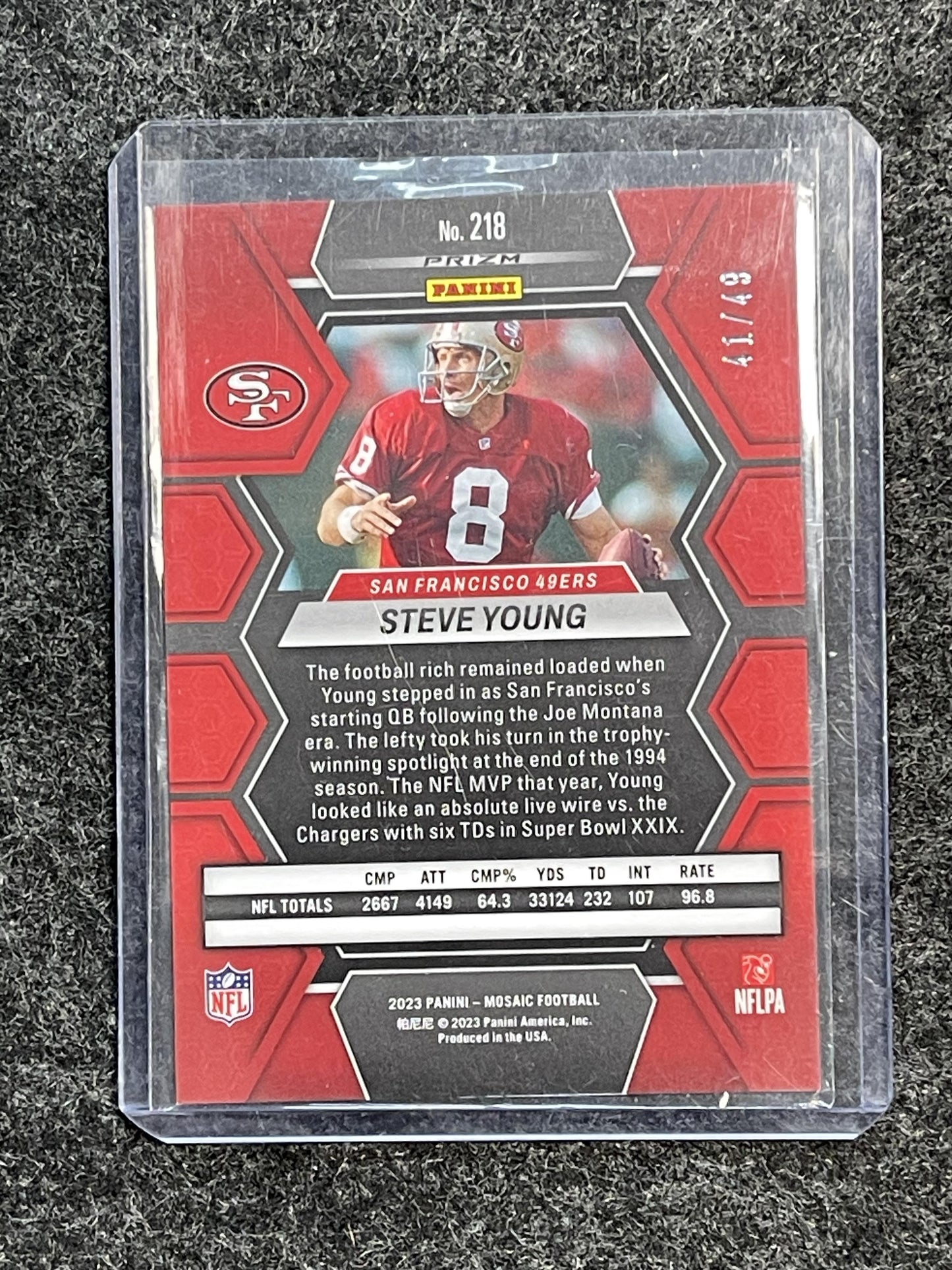 2023 Panini Mosaic #218 Steve Young Purple Mosaic #/49 San Francisco 49ers SN