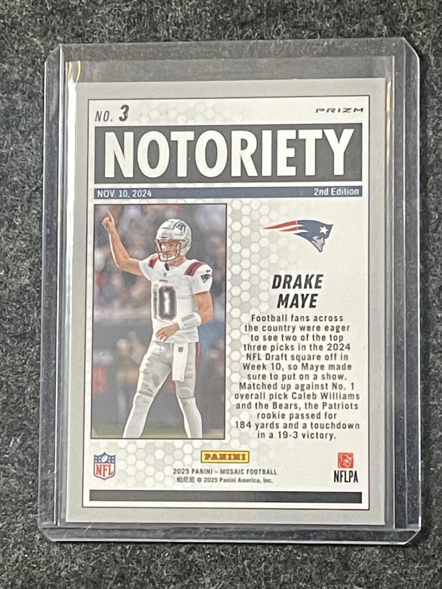 2025 Panini Mosaic #3 Drake Maye Notoriety Mosaic Pink Fluorescent Patriots