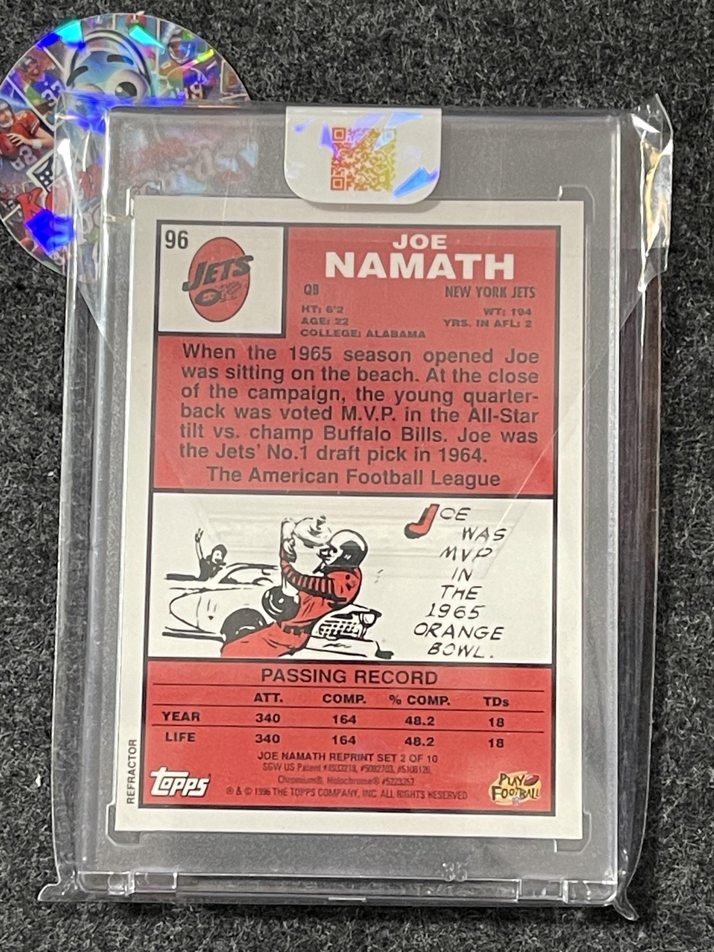 1996 Topps #96 Joe Namath Joe Namath Reprints New York Jets