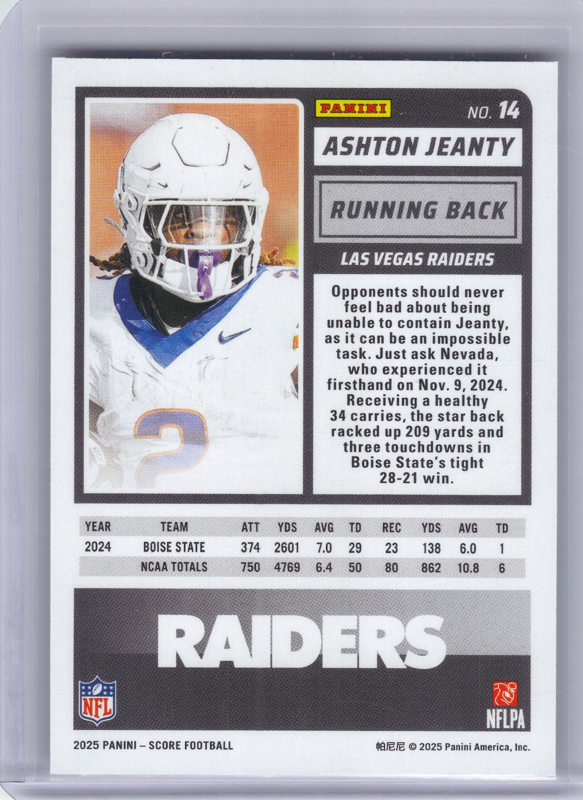 Ashton Jeanty Las Vegas Raiders 2025 Score #14 RC (Back)