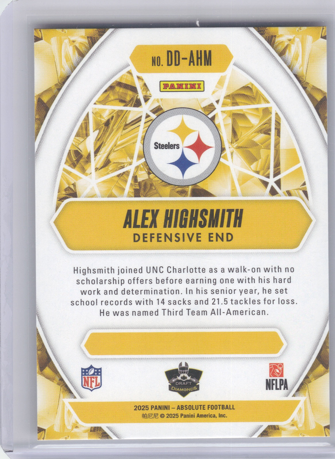 Alex Highsmith Pittsburgh Steelers 2025 Panini Absolute - Draft Diamonds #DD-AHM (Back)
