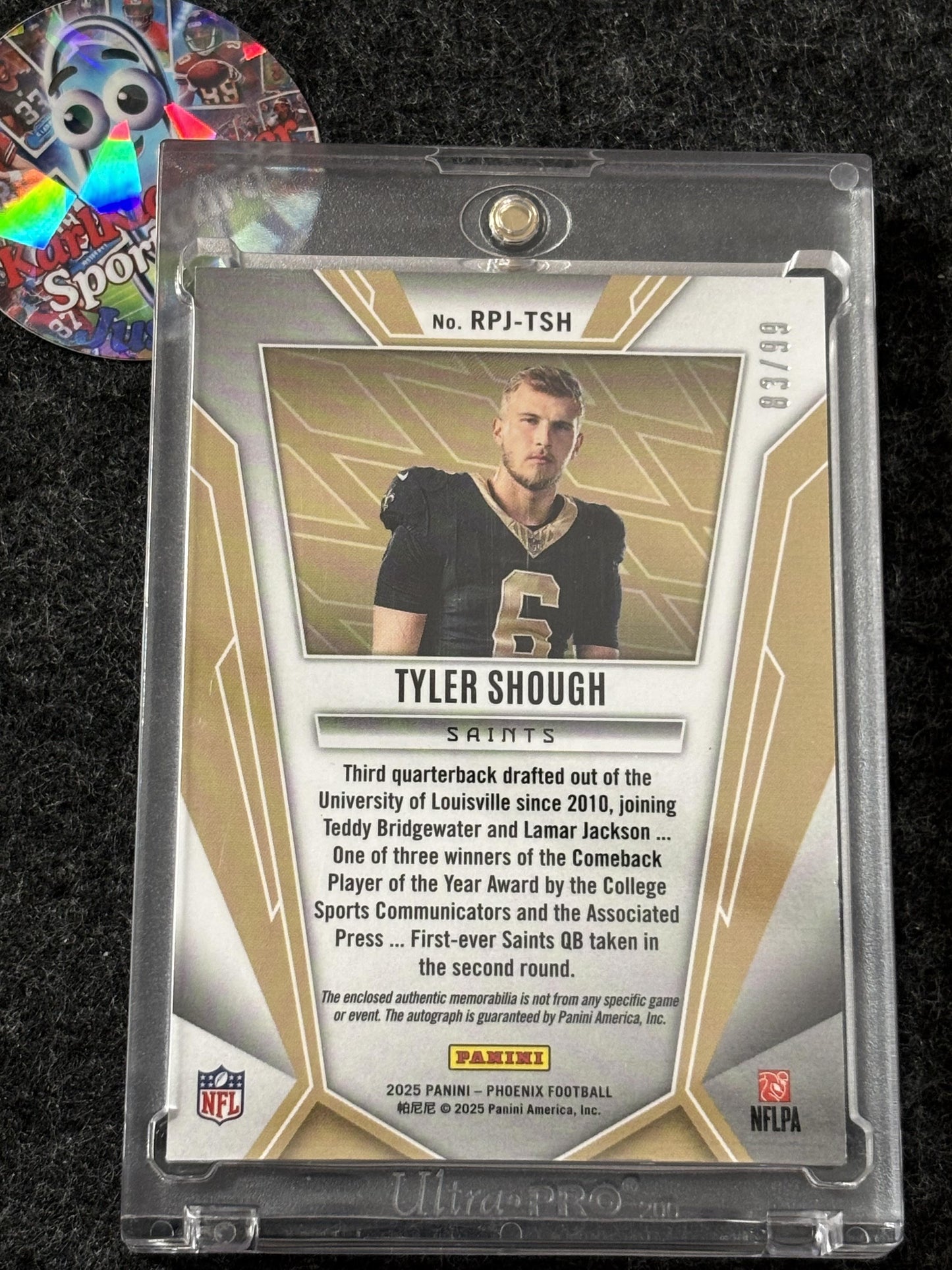 2025 Panini Phoenix #RPJ-TSH Tyler Shough Rookie Phenoms Jersey Autographs Red Prizm #/99 New Orleans Saints SN,MEM,AU