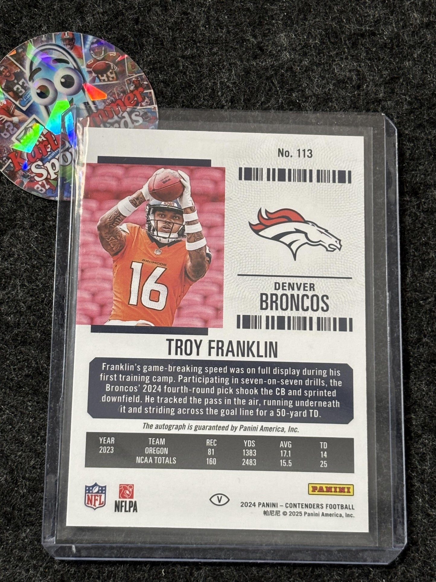 2024 Panini Contenders #113 Troy Franklin Denver Broncos RC,AU