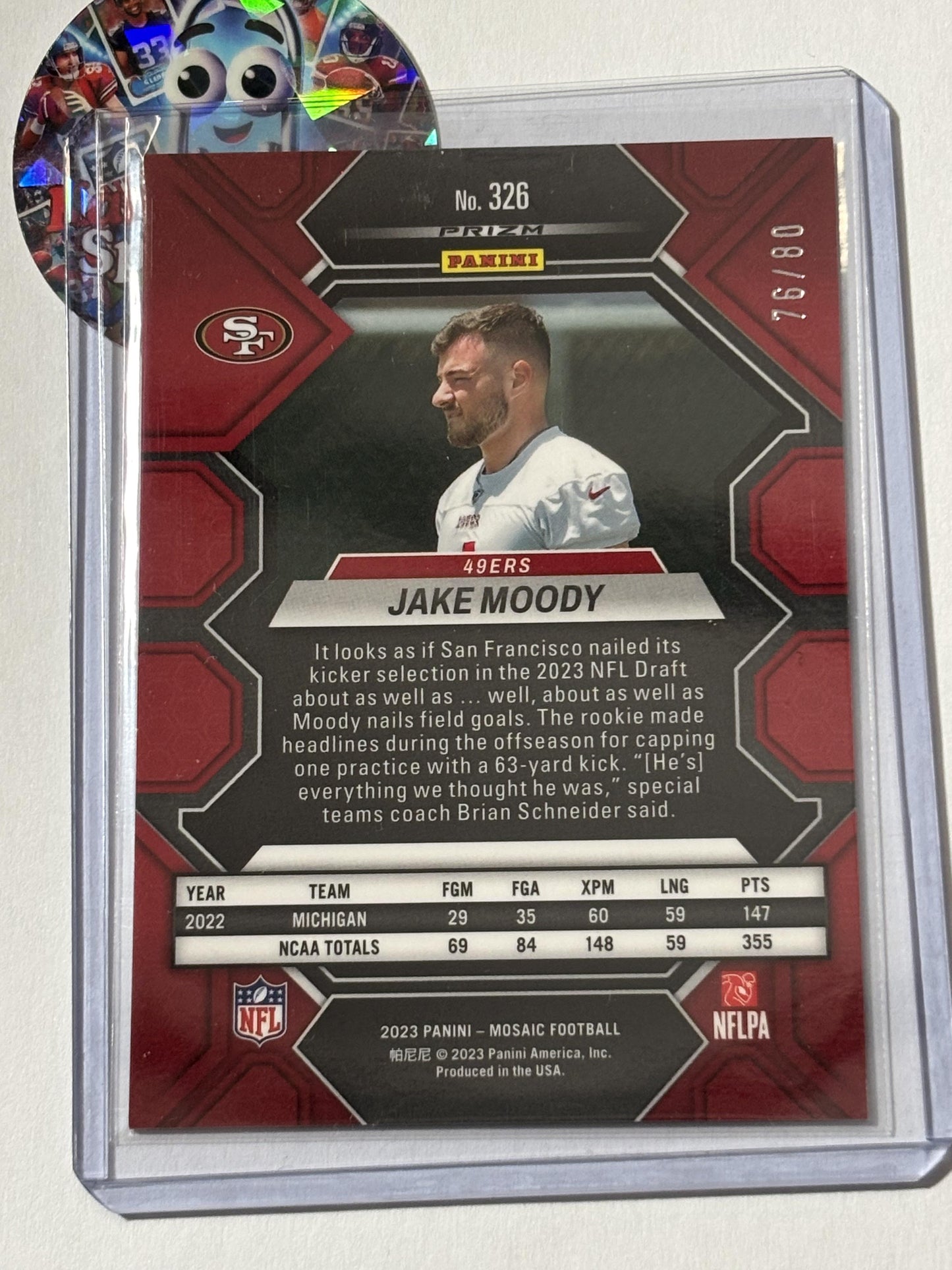 2023 Panini Mosaic #326 Jake Moody Red and Yellow Fusion Mosaic #/80 San Francisco 49ers SN,RC