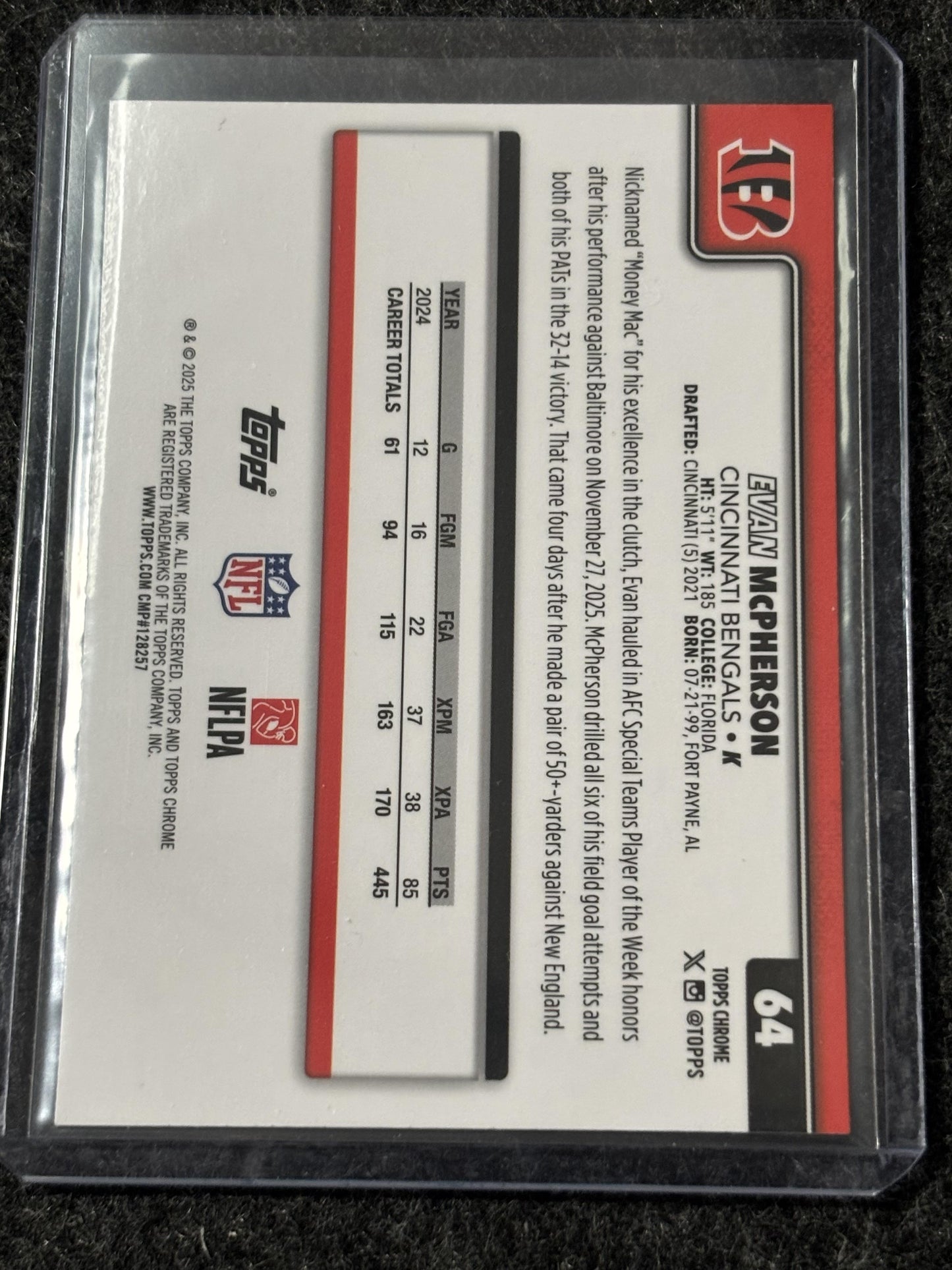 2025 Topps Chrome Football #64 Evan McPherson RayWave Refractor Cincinnati Bengals