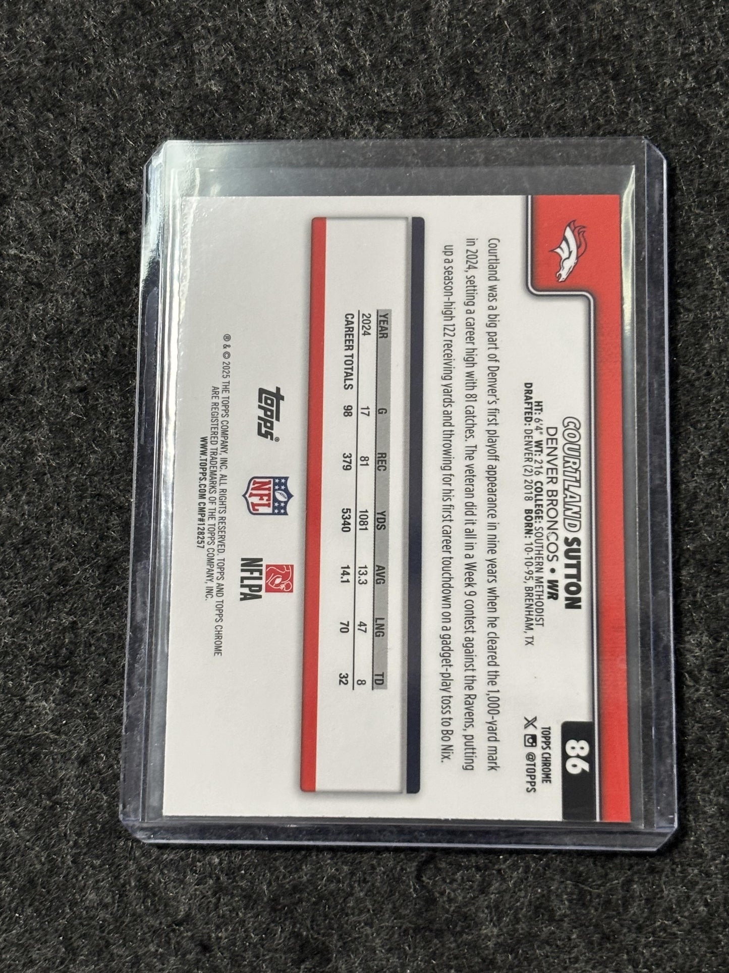 2025 Topps Chrome Football #86 Courtland Sutton Pink Wave Refractor Denver Broncos