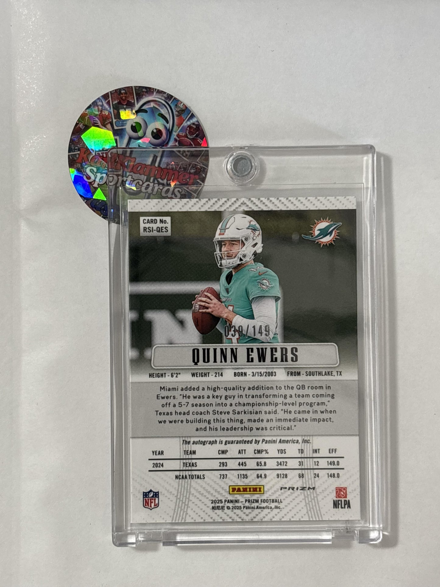 2025 Panini Prizm #rsi-qes Quinn Ewers #'d149 Miami Dolphins SN