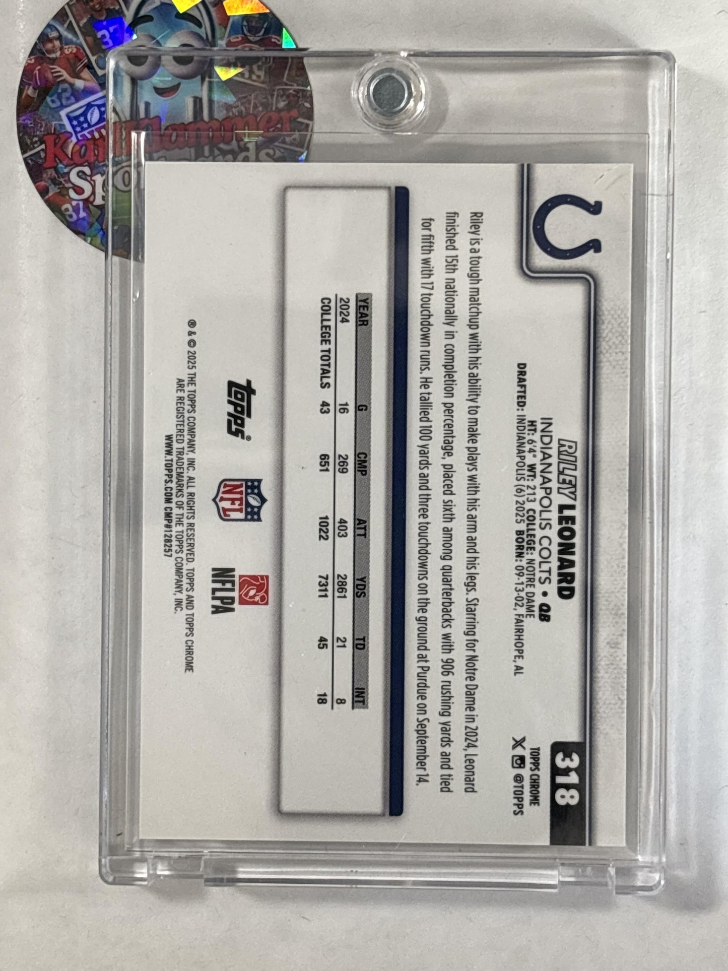 2025 Topps Chrome #318 Riley Leonard Football Leather Purple #/75 Indianapolis Colts SN,RC