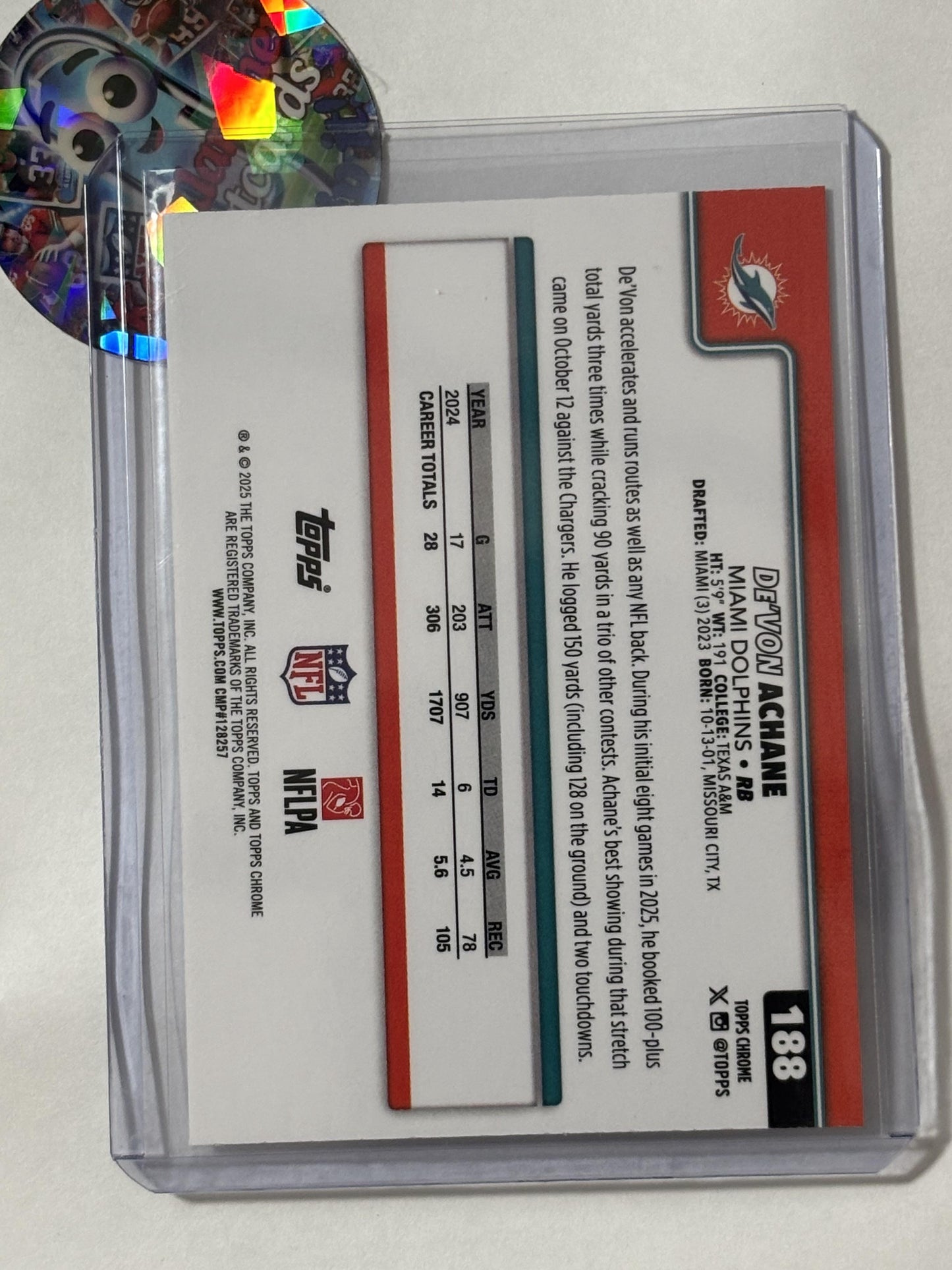 2025 Topps Chrome #188 De'Von Achane Ray Wave Refractor Miami Dolphins