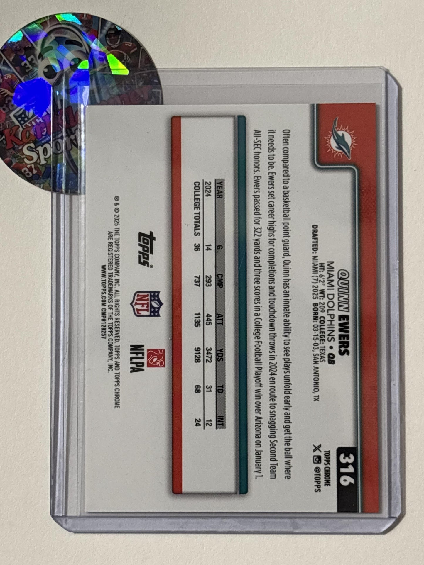 2025 Topps Chrome #316 Quinn Ewers Red White and Blue Refractor Miami Dolphins RC