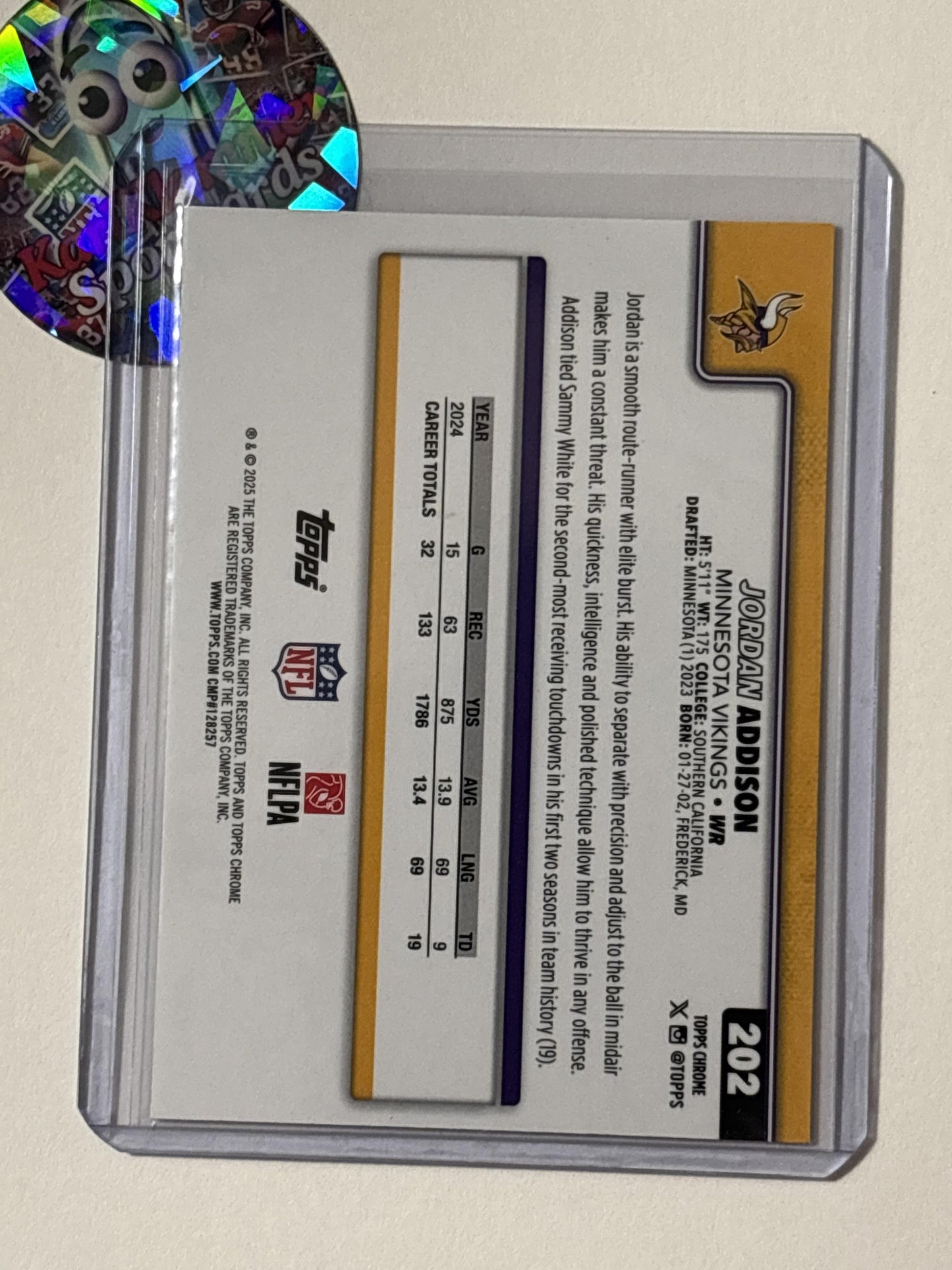 2025 Topps Chrome #202 Jordan Addison Red White and Blue Refractor Minnesota Vikings