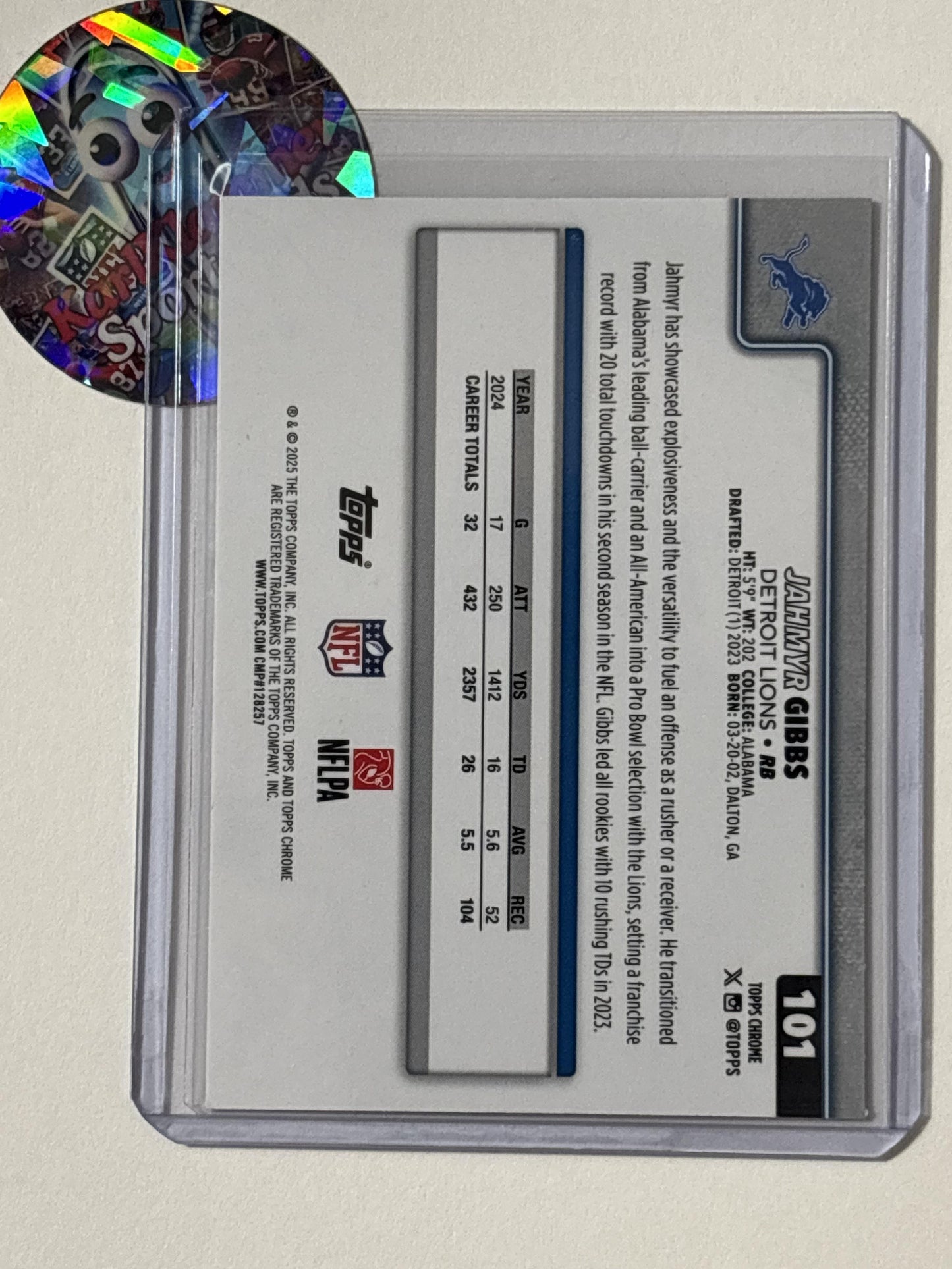 2025 Topps Chrome #101 Jahmyr Gibbs Football Leather Refractor Detroit Lions