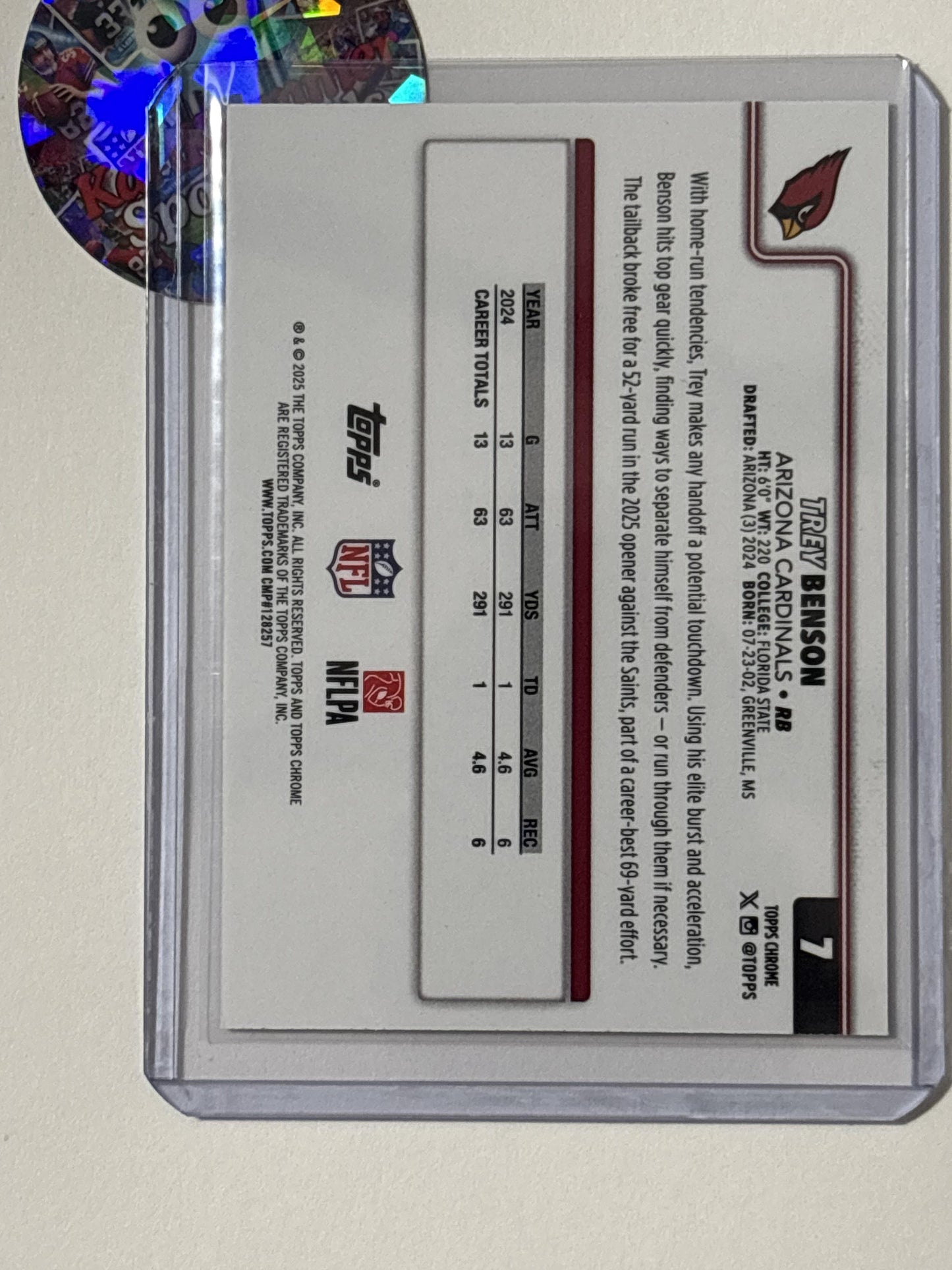 2025 Topps Chrome #7 Trey Benson Ray Wave Refractor Arizona Cardinals