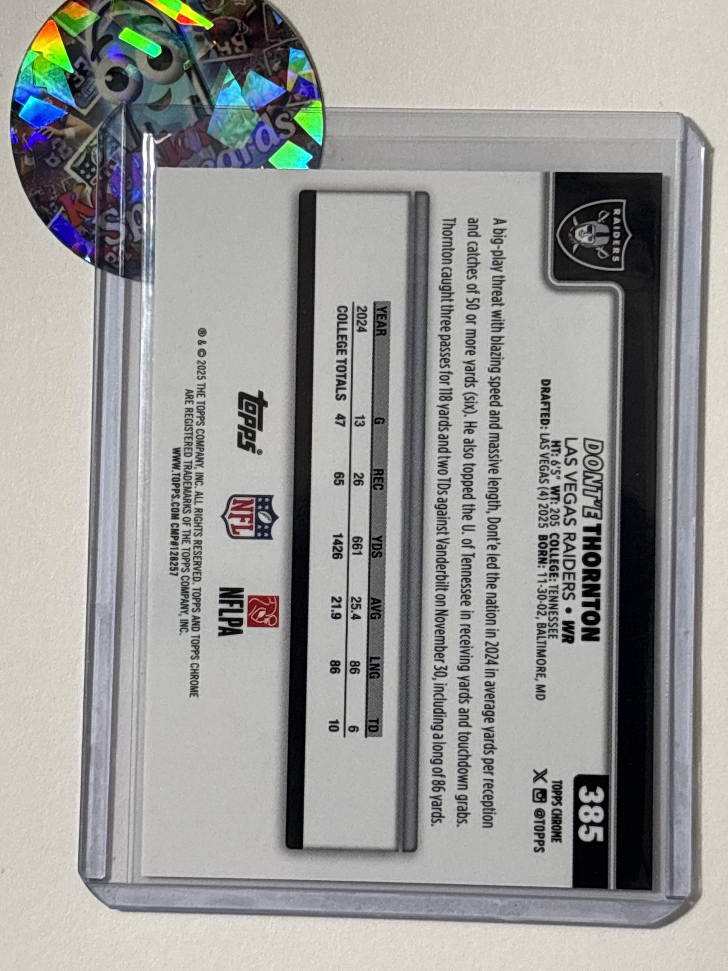 2025 Topps Chrome #385 Dont'e Thornton Jr. Ray Wave Refractor Las Vegas Raiders RC