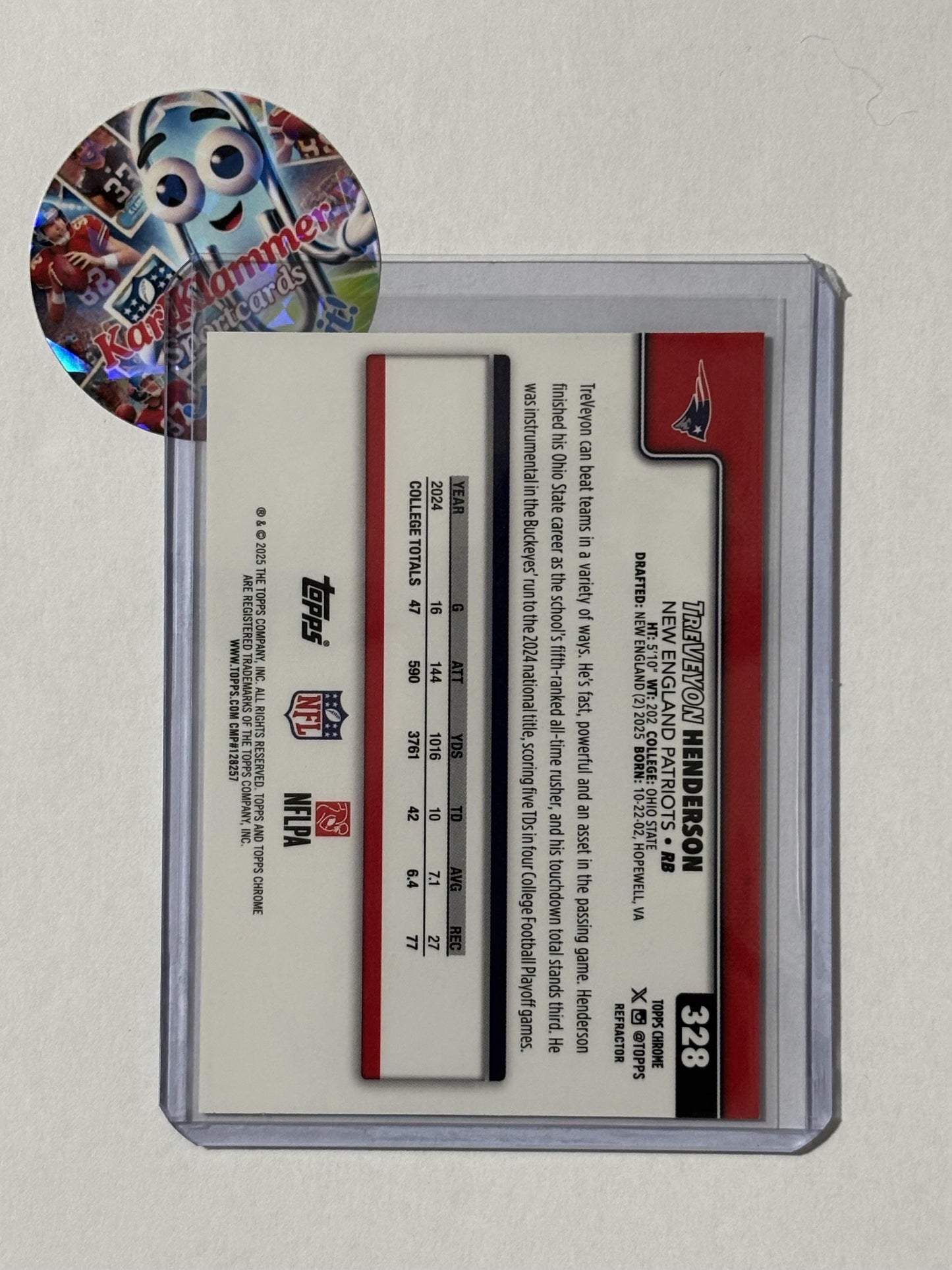 2025 Topps Chrome #328 TreVeyon Henderson Refractor New England Patriots RC