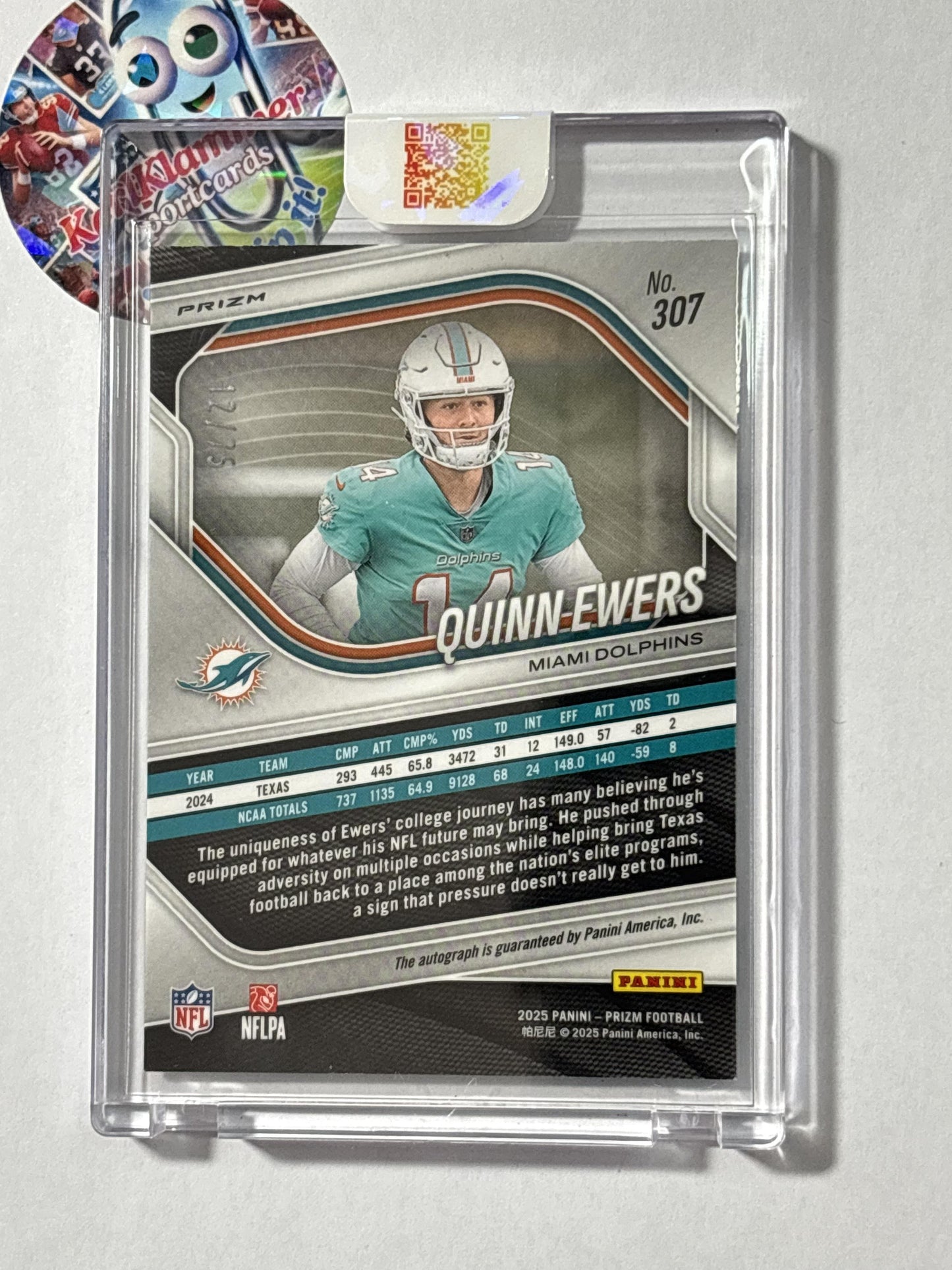 2025 Panini Prizm #307 Quinn Ewers Prizm Rookie Autographs Green Scope #/75 Miami Dolphins SN,AU