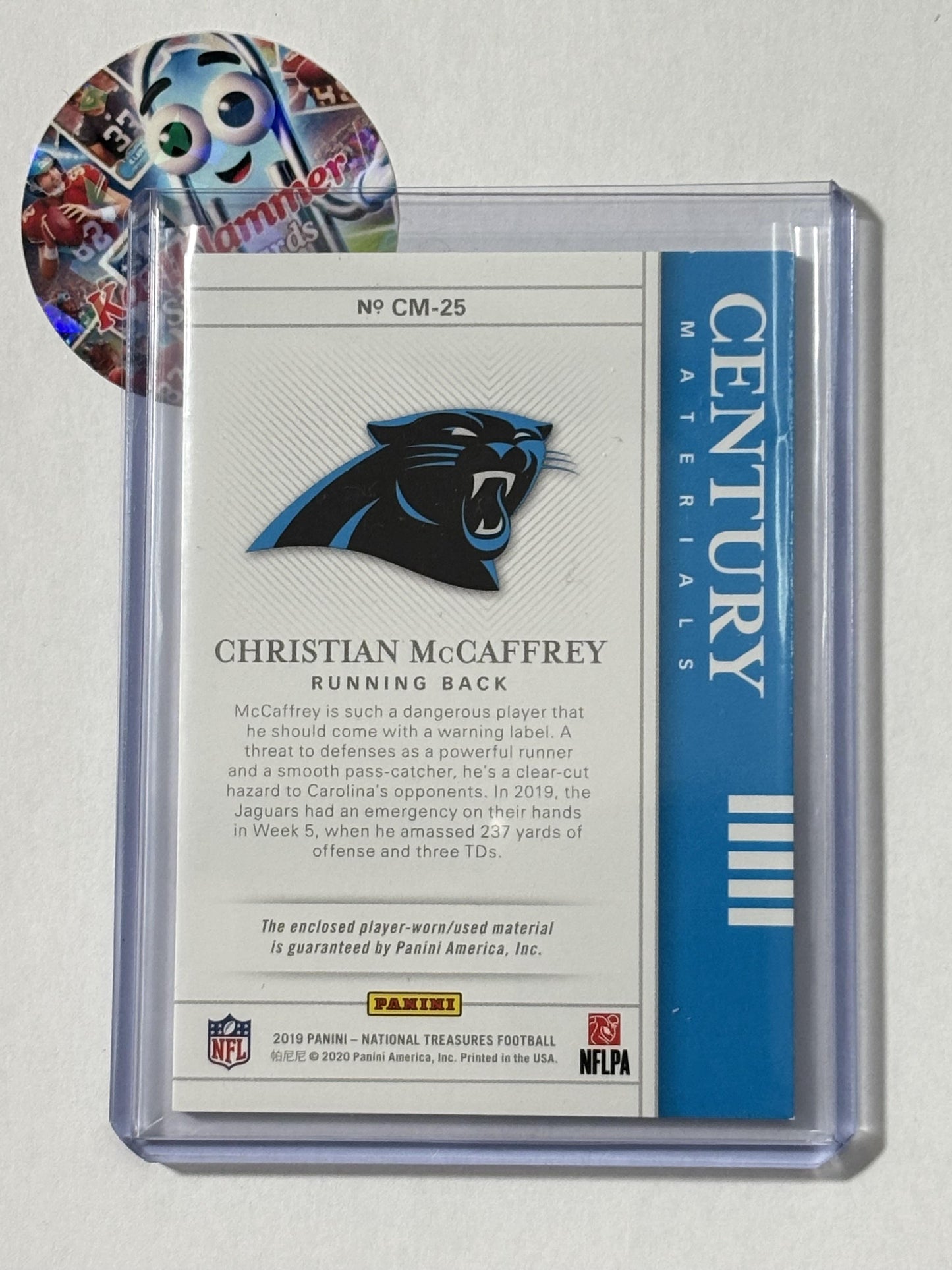 2019 Panini National Treasures #CM-25 Christian McCaffrey Century Materials Holo Silver #/25 Carolina Panthers SN,MEM