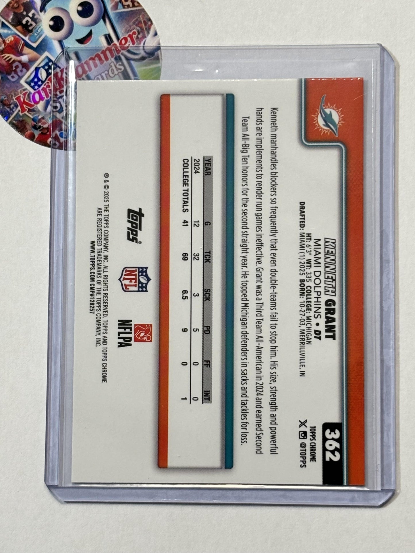 2025 Topps Chrome #362 Kenneth Grant X-Fractor Miami Dolphins RC