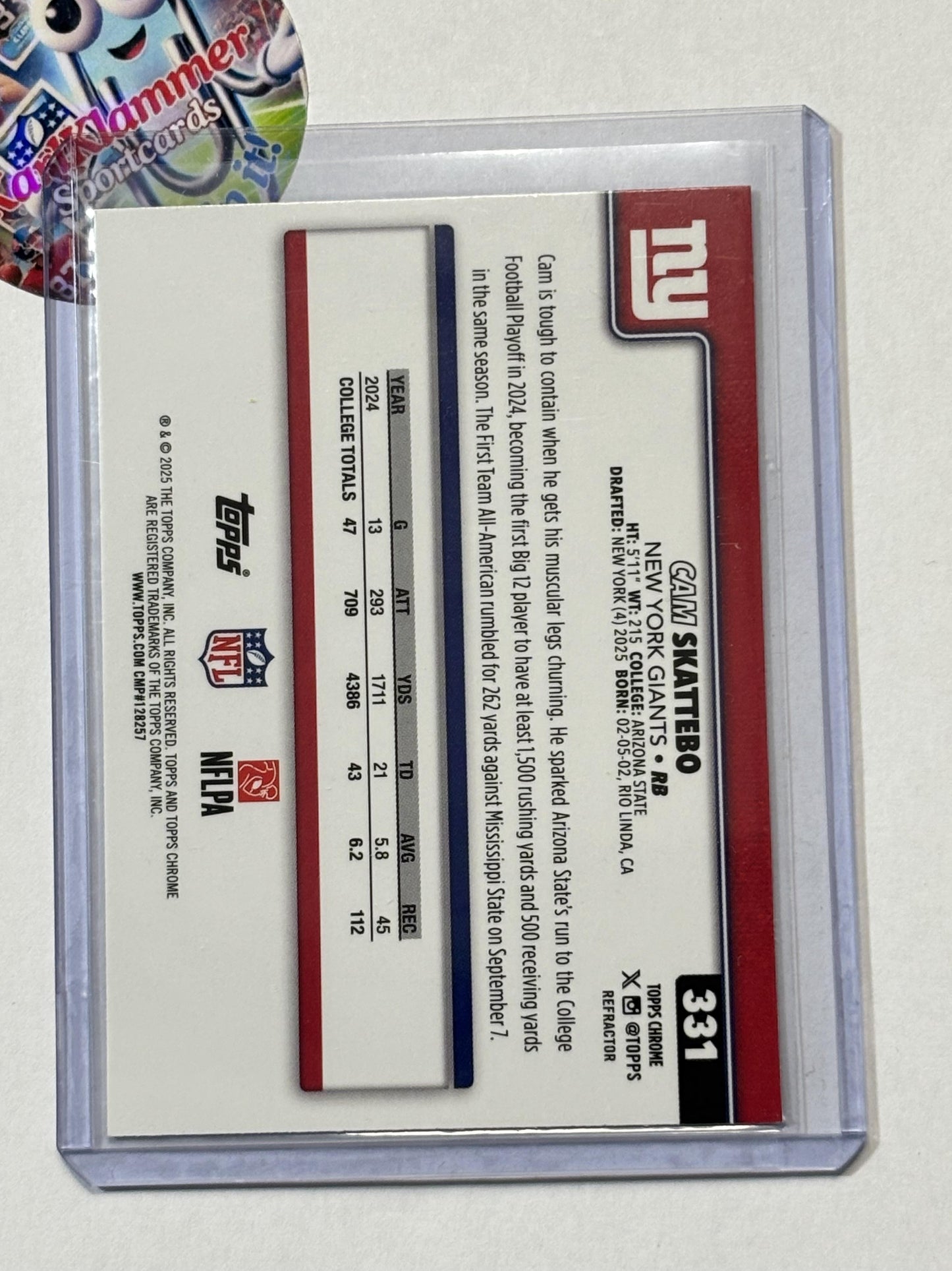 2025 Topps Chrome #331 Cam Skattebo Refractor New York Giants RC
