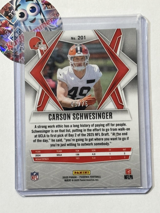 2025 Panini Phoenix #201 Carson Schwesinger Lime Green Mojo Prizm #/75 Cleveland Browns SN,RC
