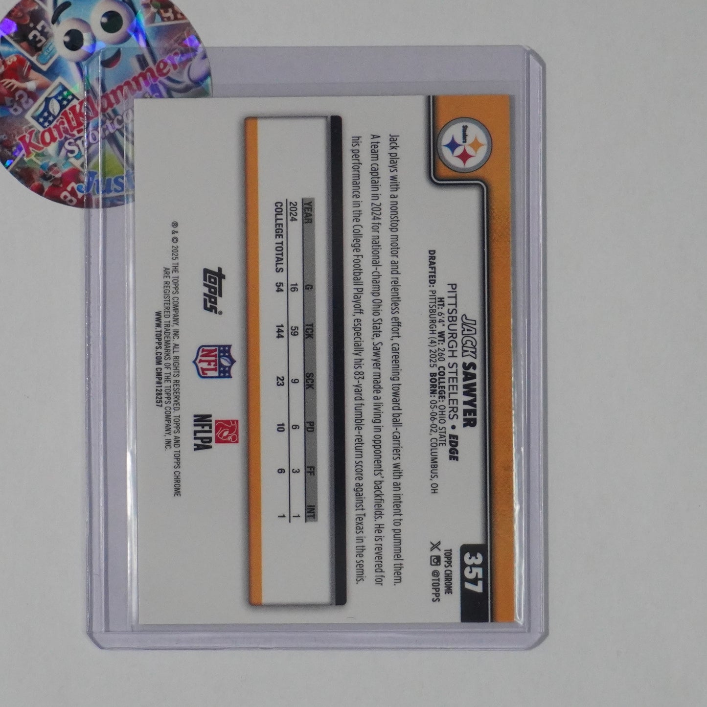 2025 Topps Chrome #357 Jack Sawyer Lime Green X-Fractor Pittsburgh Steelers RC