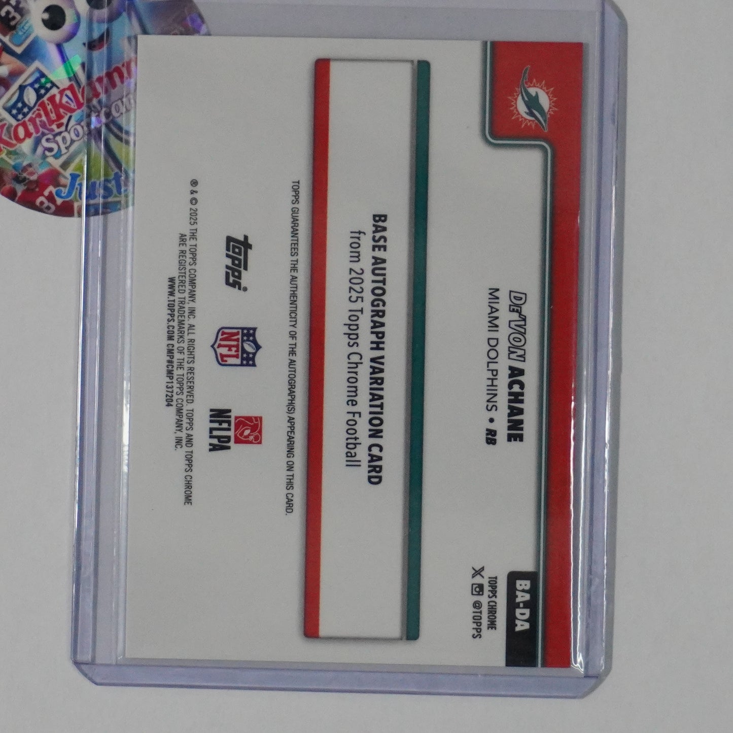 2025 Topps Chrome #BA-DA De'Von Achane Chrome Autographs Aqua Refractor #/199