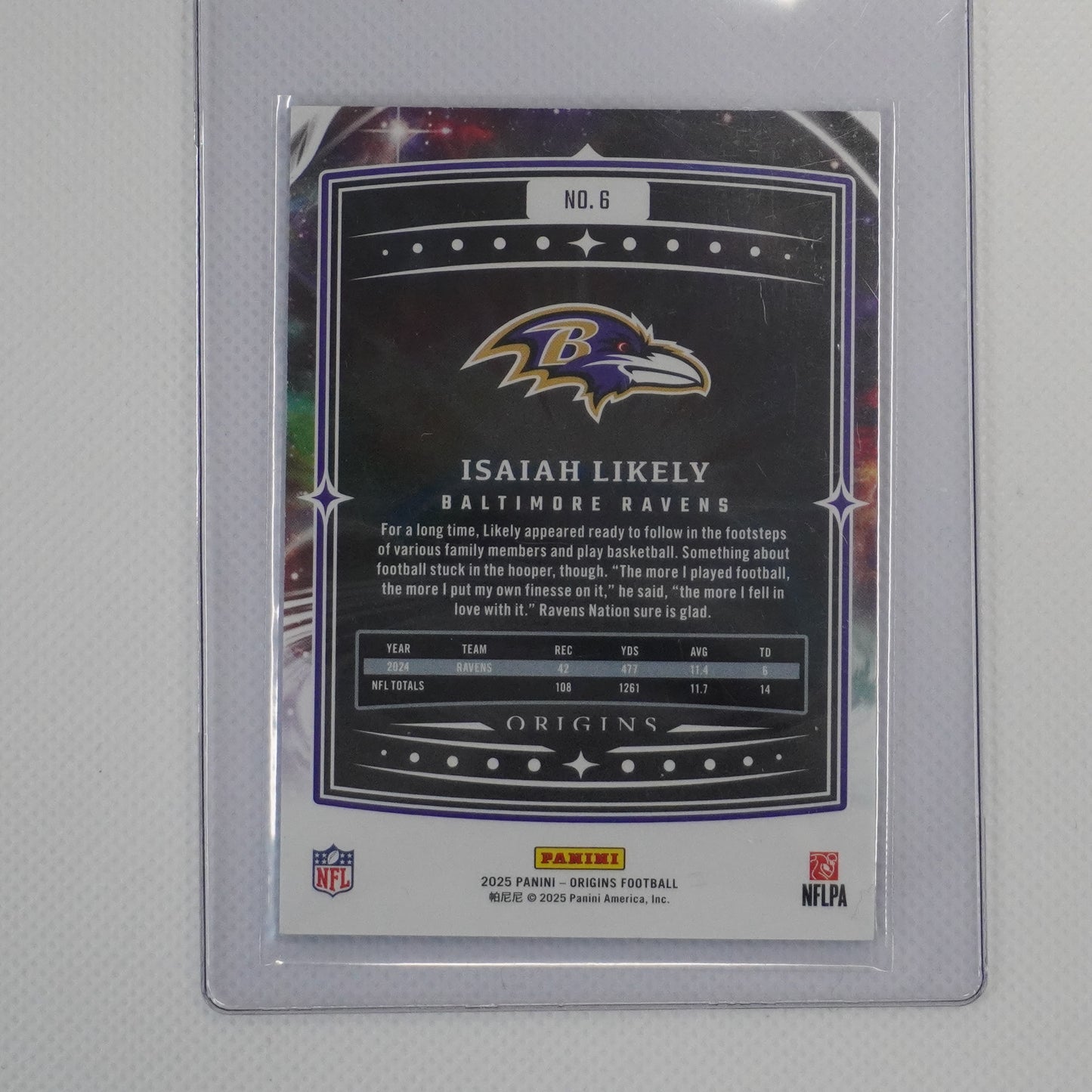 2025 Panini Origins #6 Isaiah Likely Blue #/99 Baltimore Ravens SN