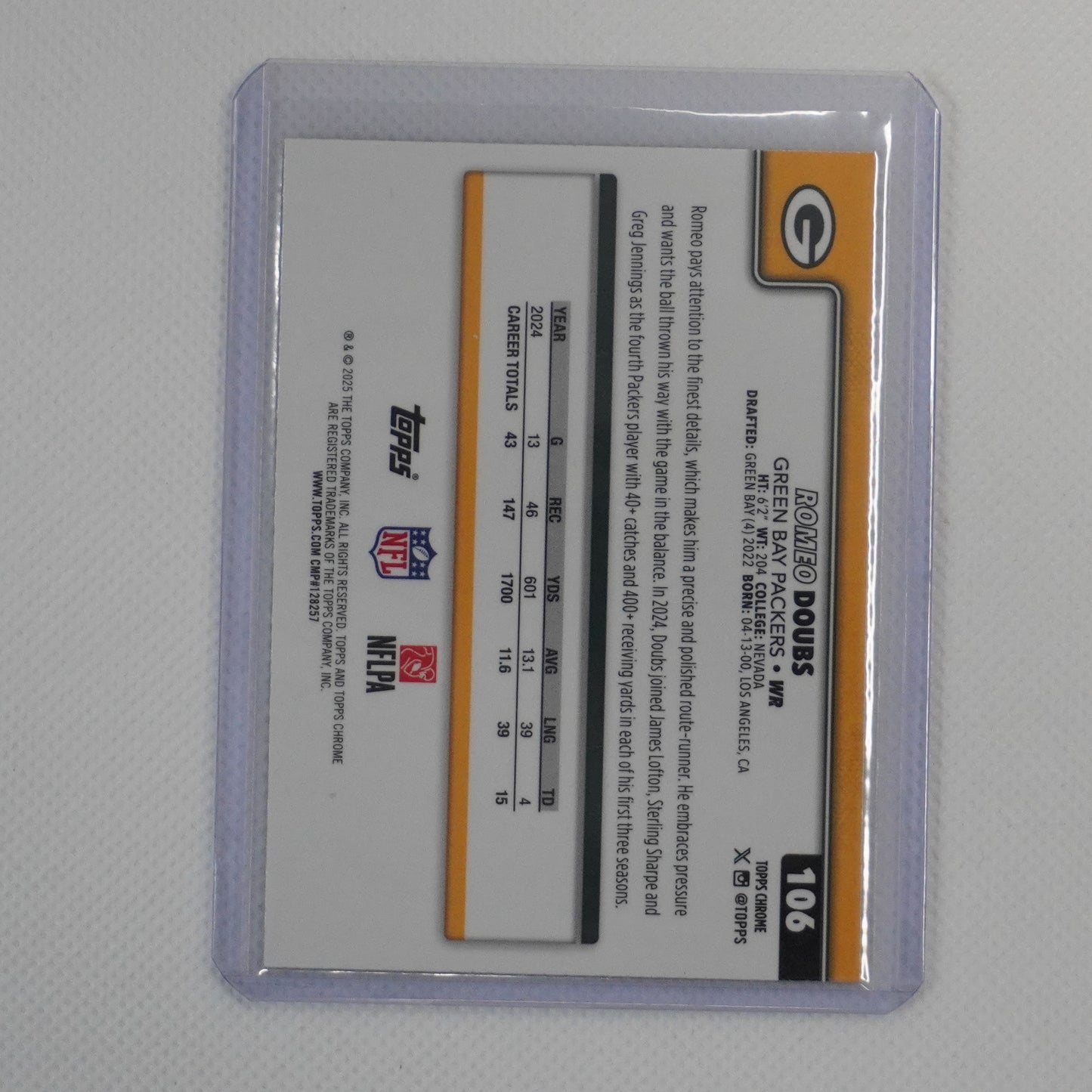 2025 Topps Chrome #106 Romeo Doubs Yellow Wave Refractor #/275 Packers SN