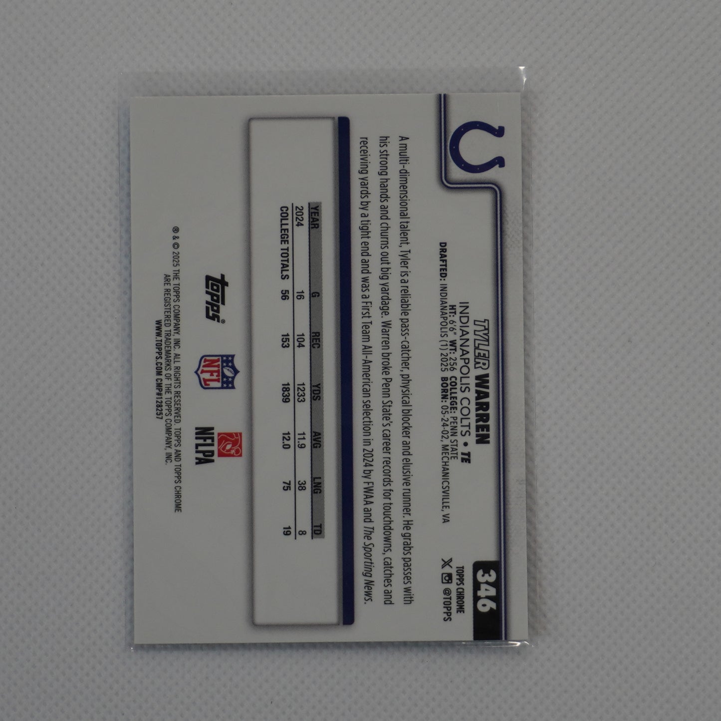 2025 Topps Chrome #346 Tyler Warren Indianapolis Colts RC