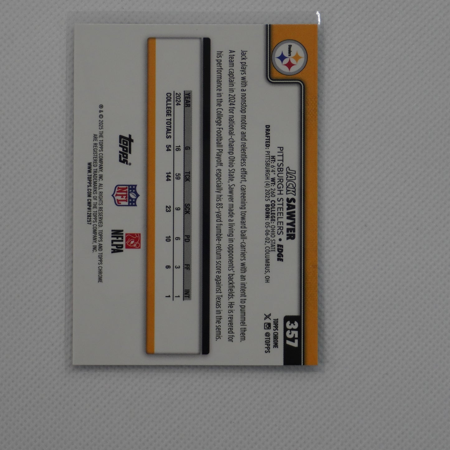 2025 Topps Chrome #357 Jack Sawyer Pittsburgh Steelers RC
