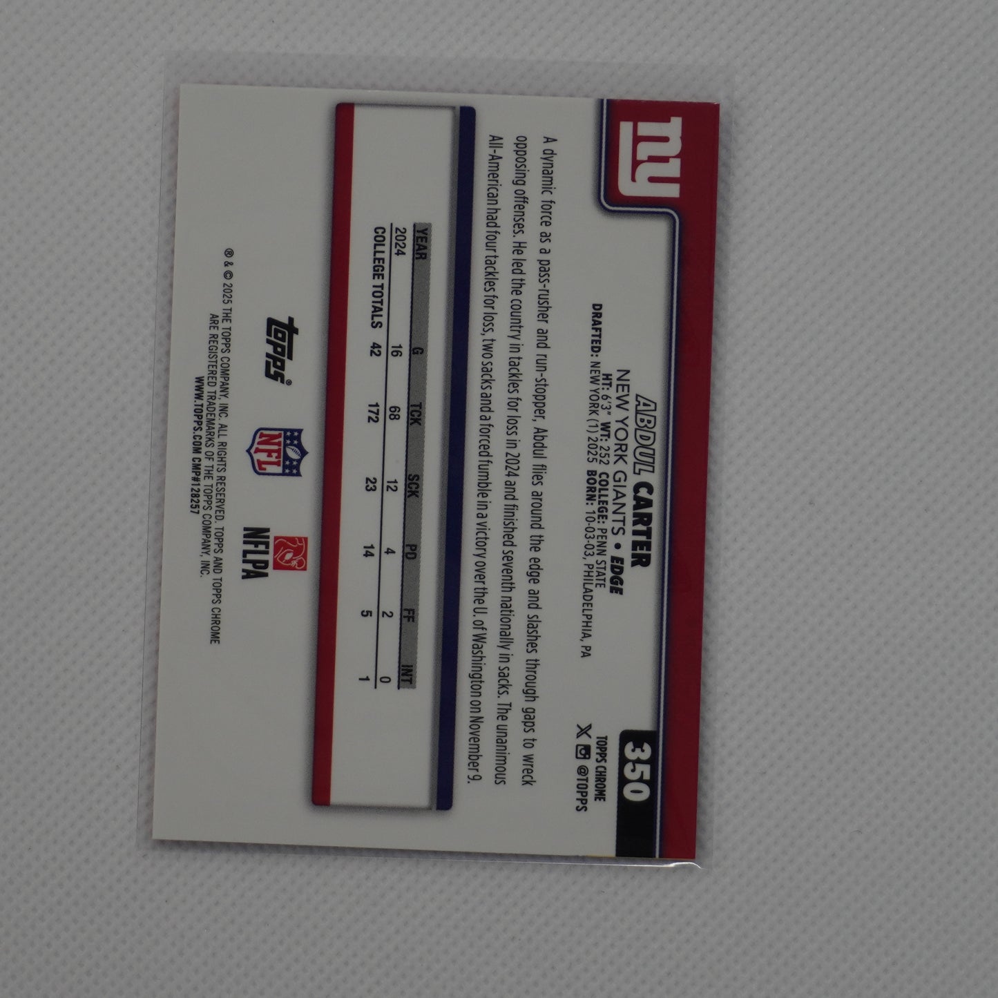 2025 Topps Chrome #350 Abdul Carter Hot Pink X-Fractor New York Giants RC