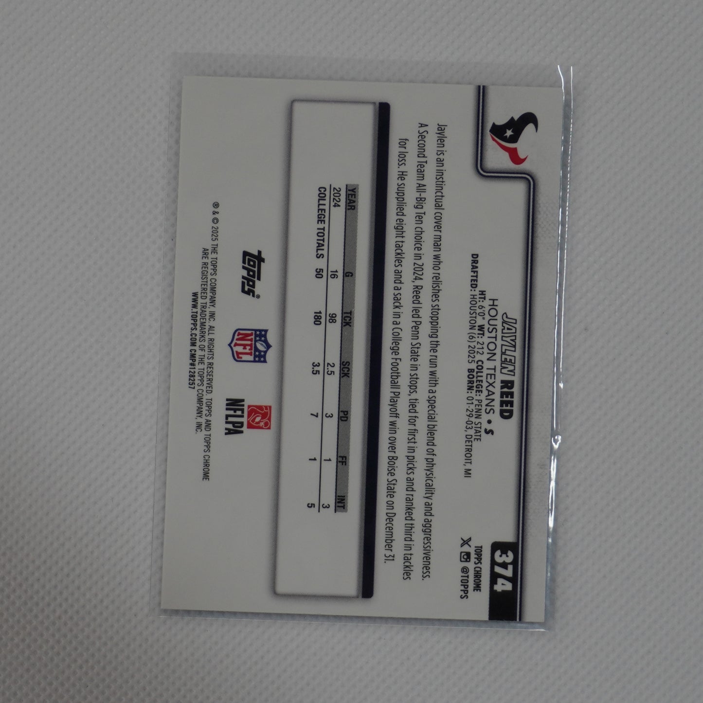 2025 Topps Chrome #374 Jaylen Reed Houston Texans RC