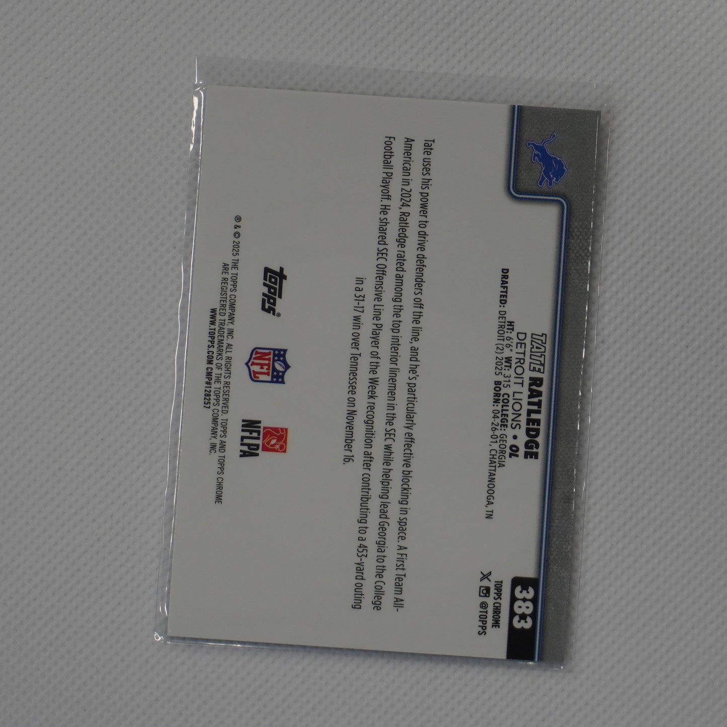 2025 Topps Chrome #383 Tate Ratledge Detroit Lions RC