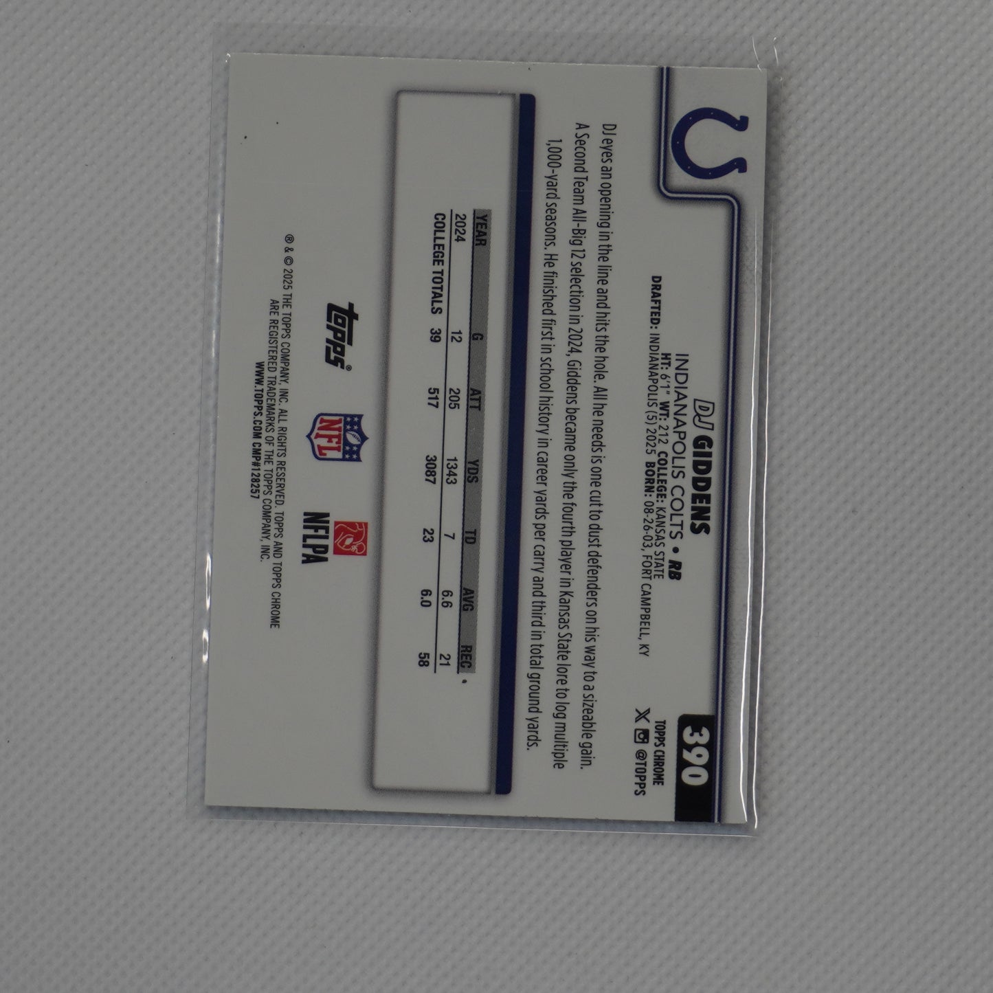 2025 Topps Chrome #390 DJ Giddens Indianapolis Colts RC