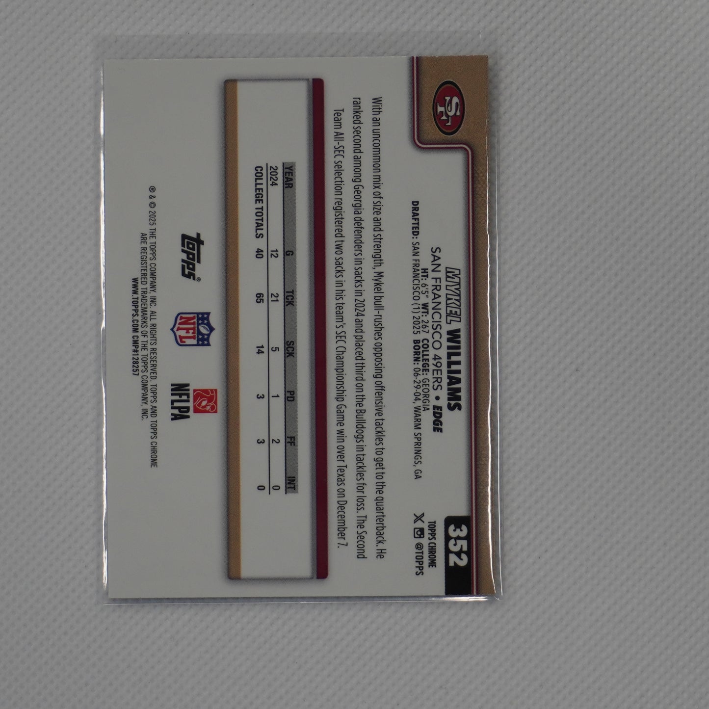 2025 Topps Chrome #352 Mykel Williams San Francisco 49ers RC