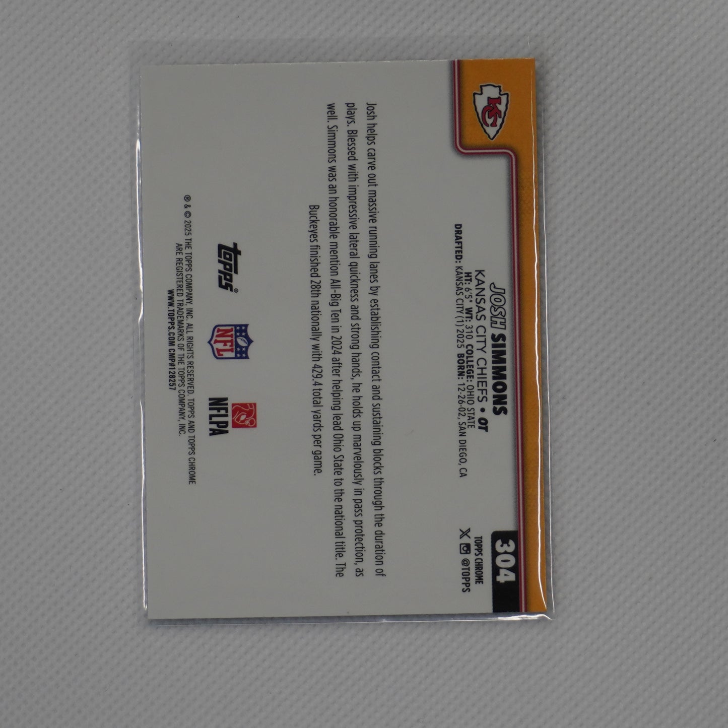 2025 Topps Chrome #304 Josh Simmons Kansas City Chiefs RC