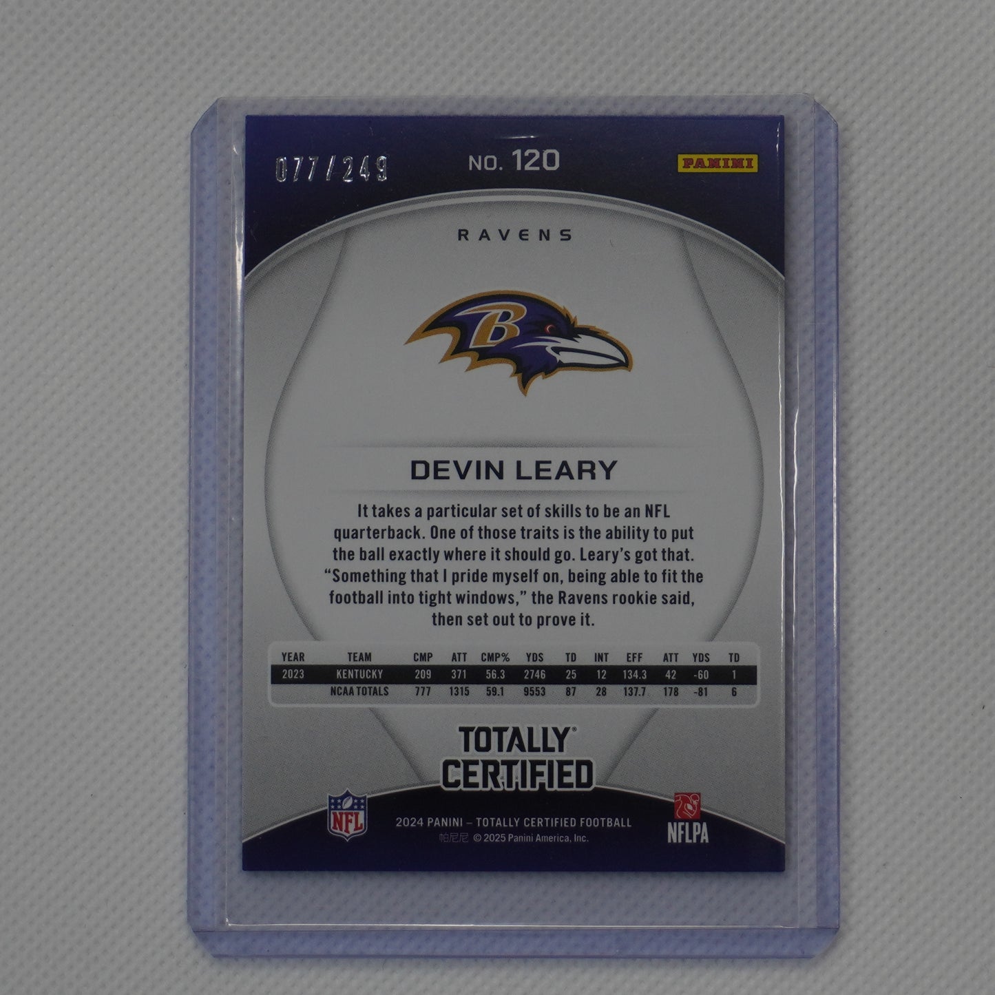 2024 Panini Totally Certified #120 Devin Leary Mirror Red #/249 Baltimore Ravens