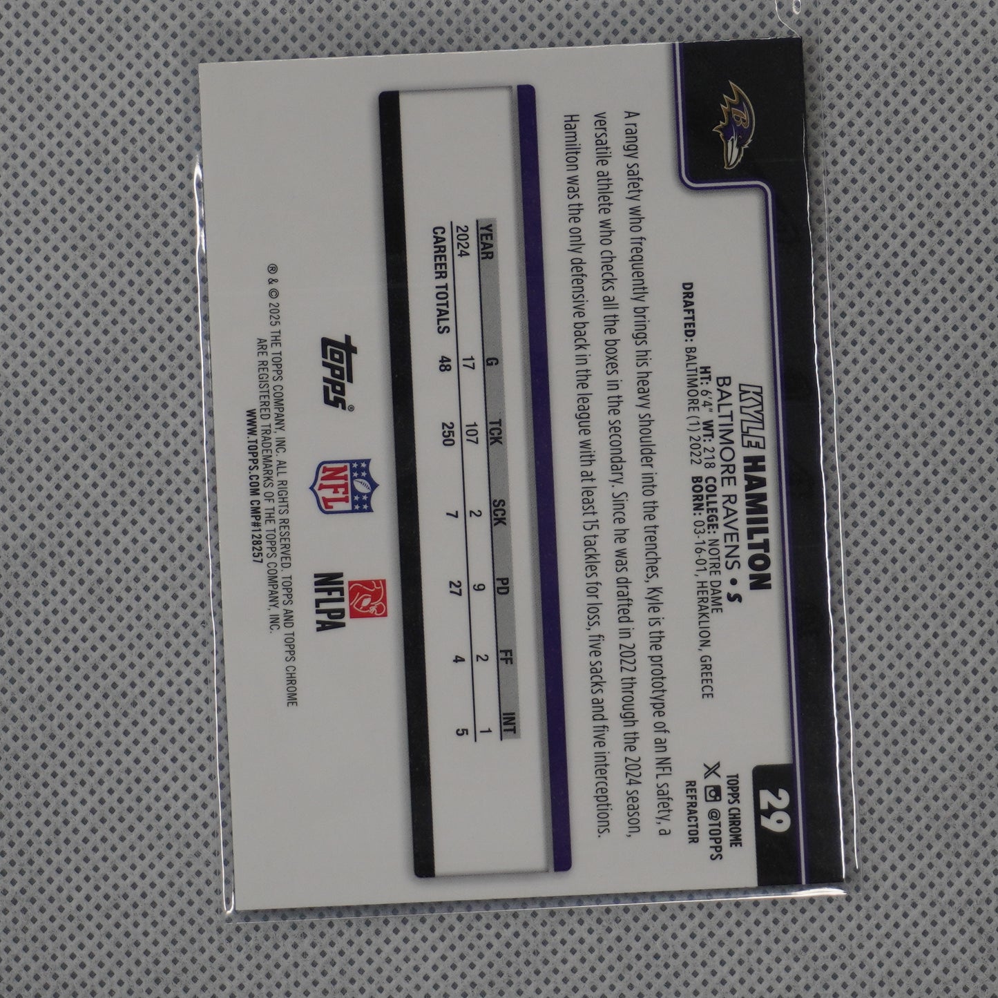 2025 Topps Chrome #29 Kyle Hamilton Refractor Baltimore Ravens