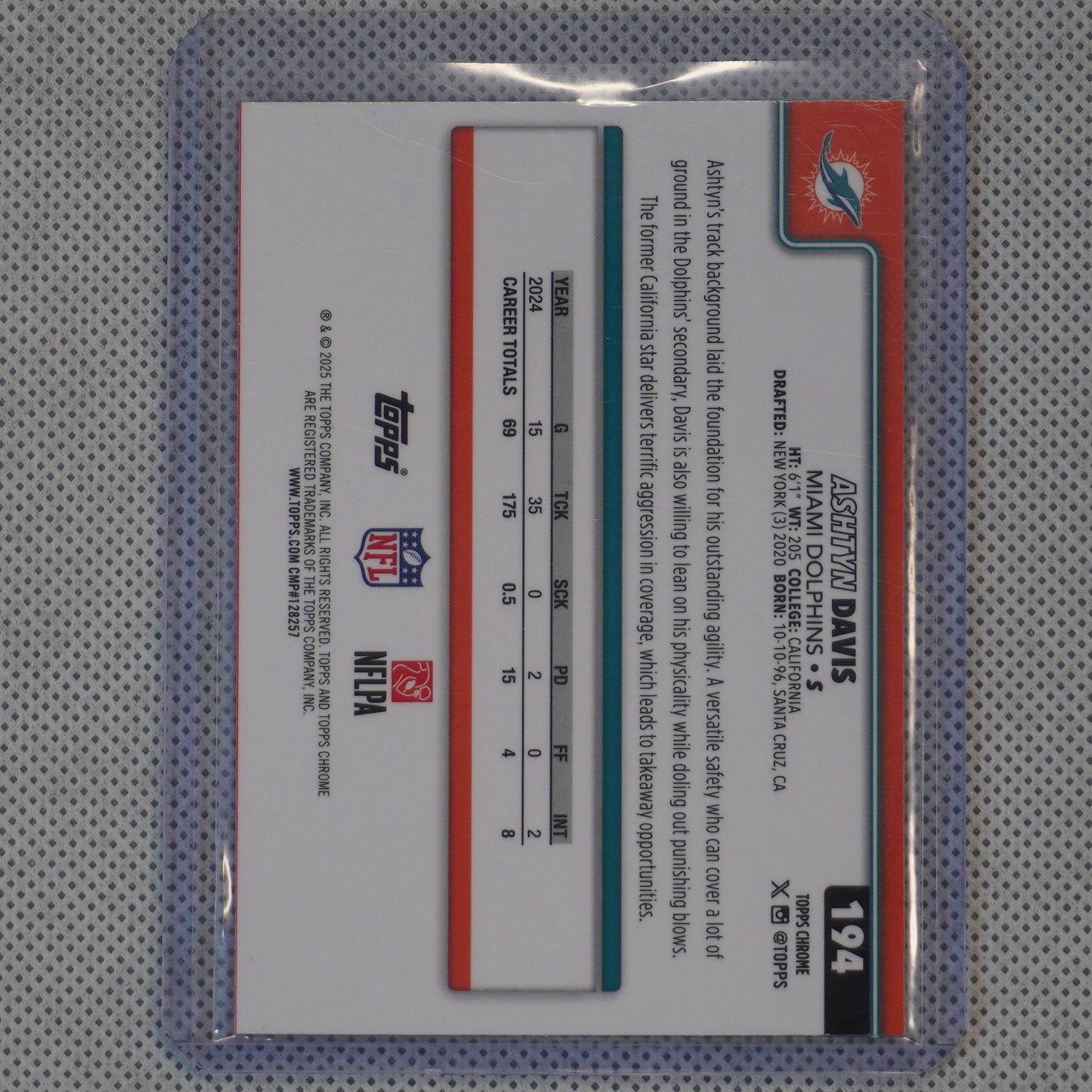 2025 Topps Chrome #194 Ashtyn Davis Pink Wave Refractor #/250 Miami Dolphins SN