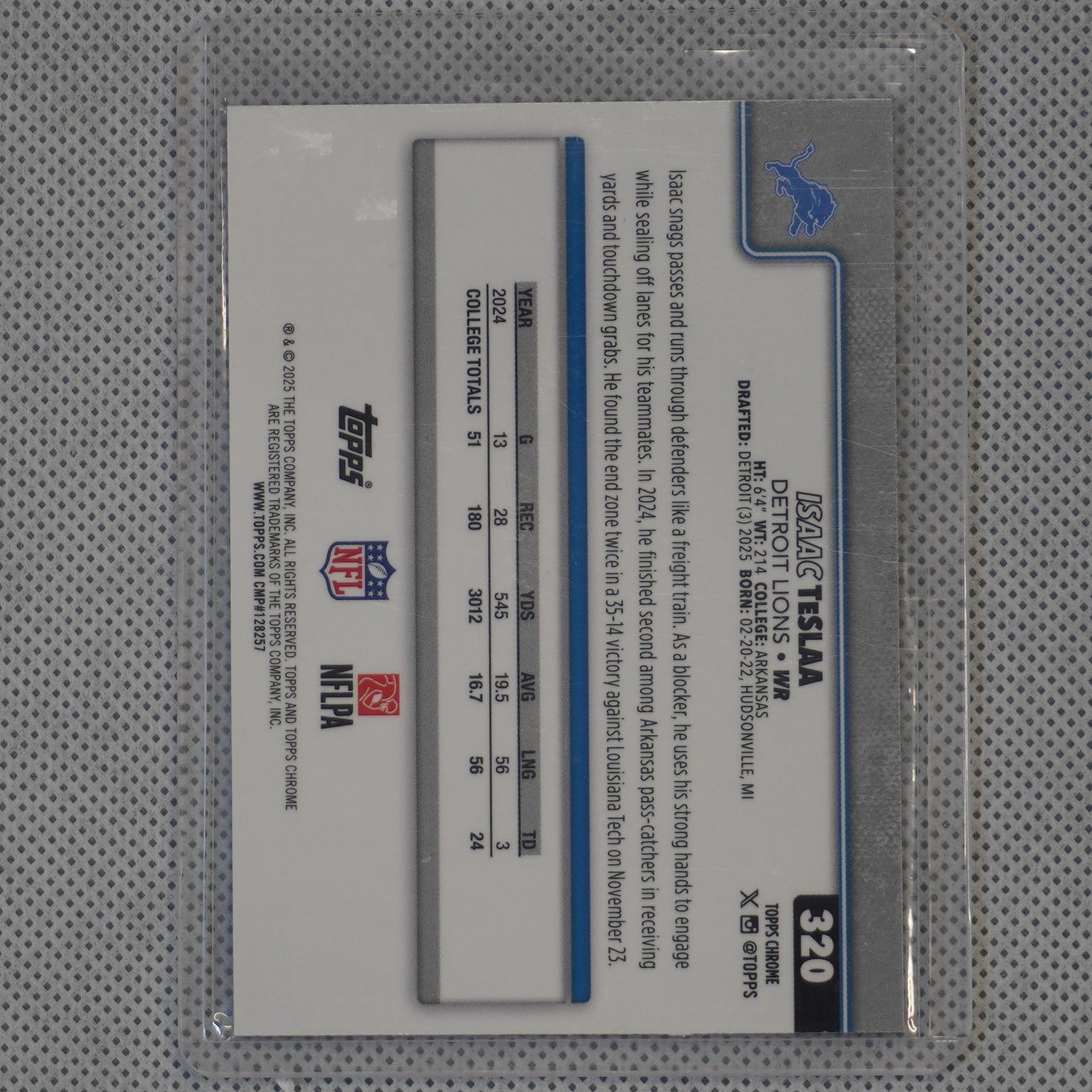 2025 Topps Chrome #320 Isaac TeSlaa Blue Geometric Refractor #/150 Detroit Lions SN.RC
