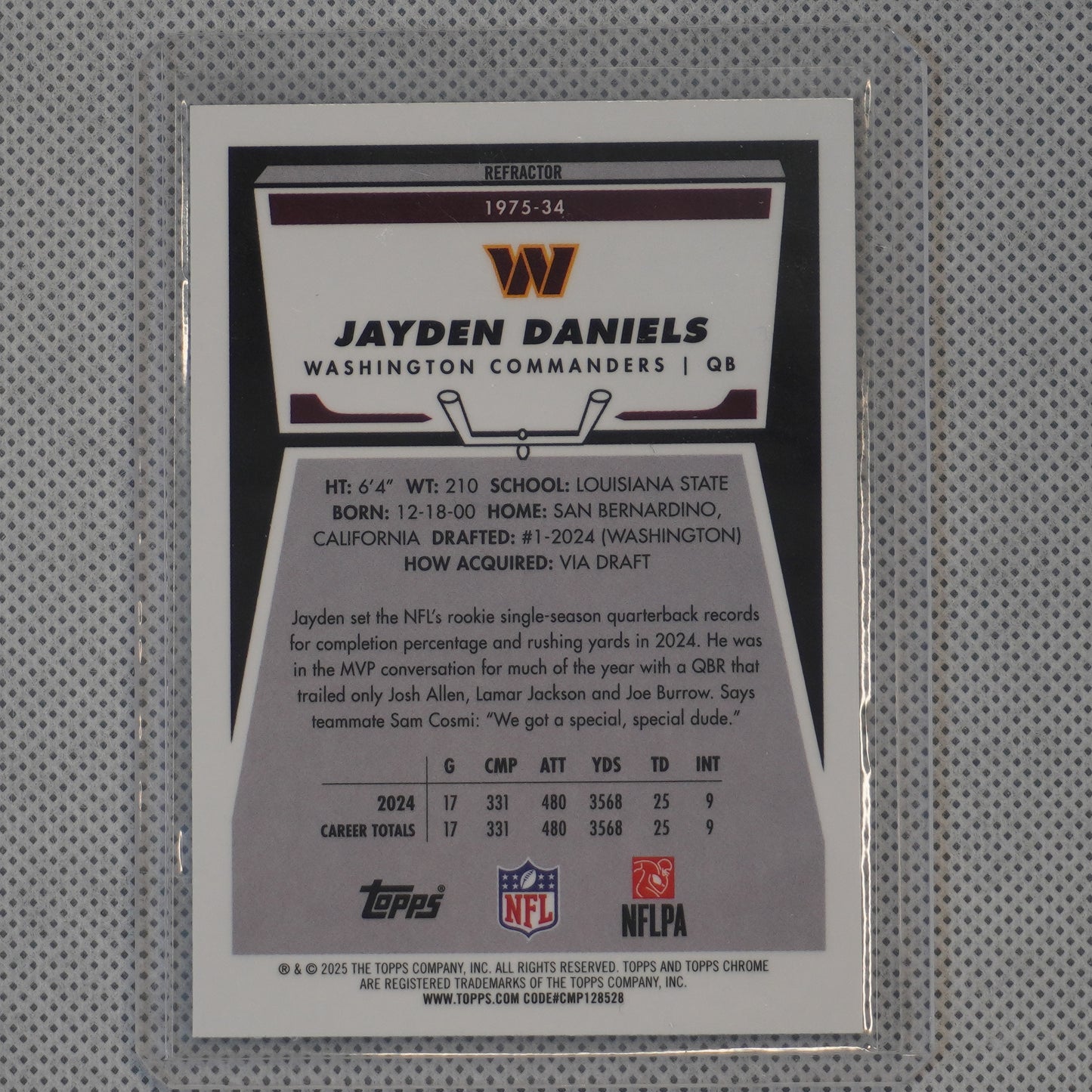 2025 Topps Chrome #1975-34 Jayden Daniels 1975 Topps Refractor Washington Commanders