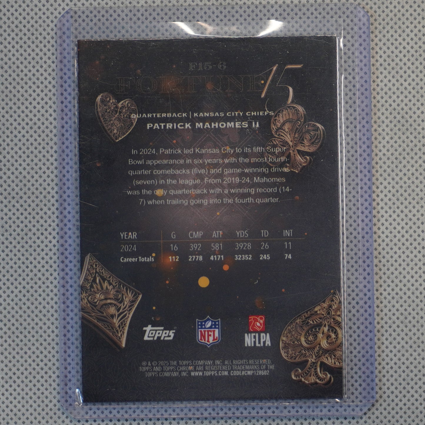 2025 Topps Chrome #F15-6 Patrick Mahomes II Fortune 15 Kansas City Chiefs