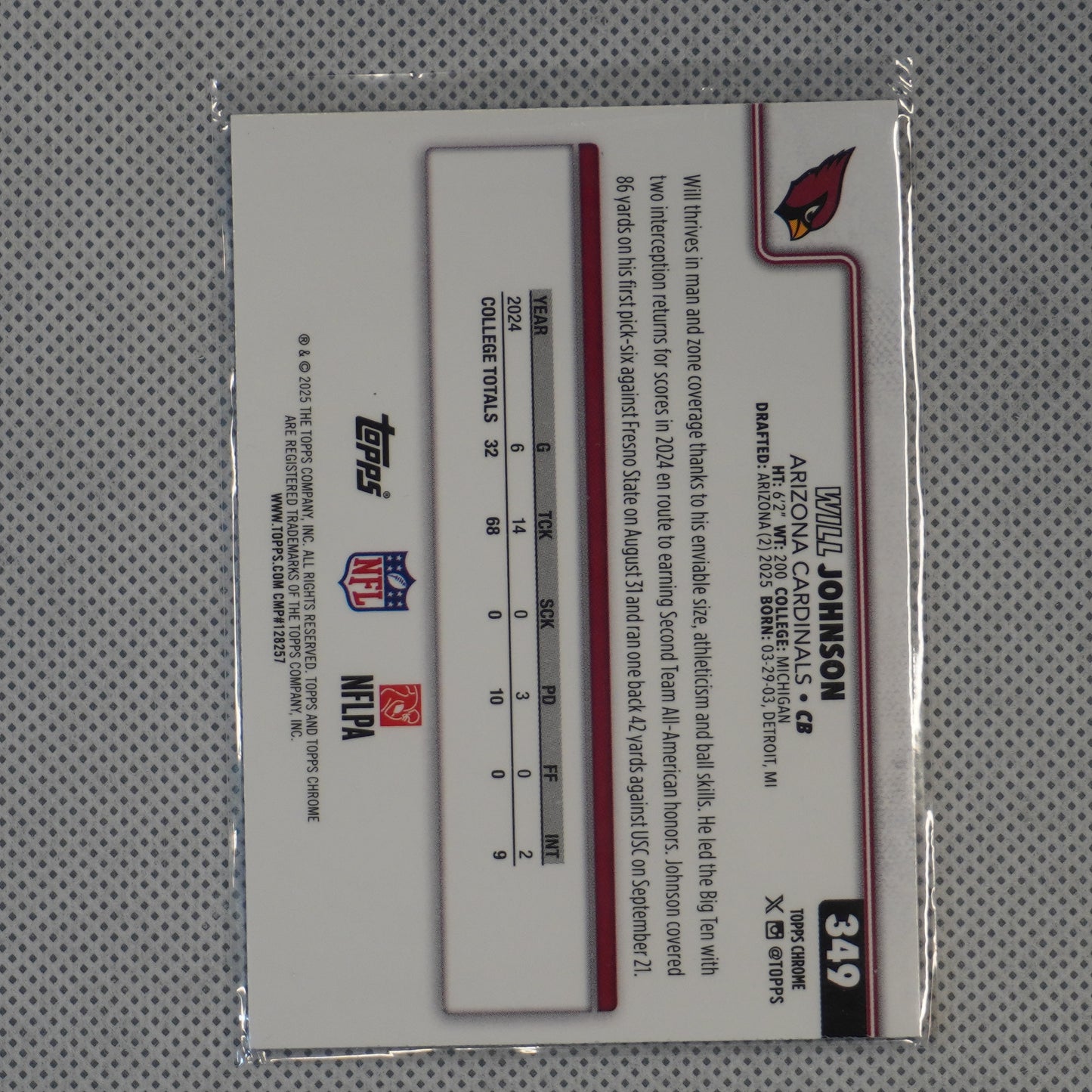 2025 Topps Chrome #349 Will Johnson Arizona Cardinals RC
